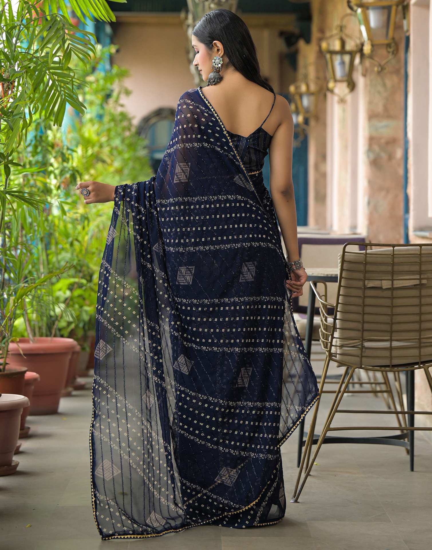 Navy Blue Georgette Printed Bandhani Saree - Image 7
