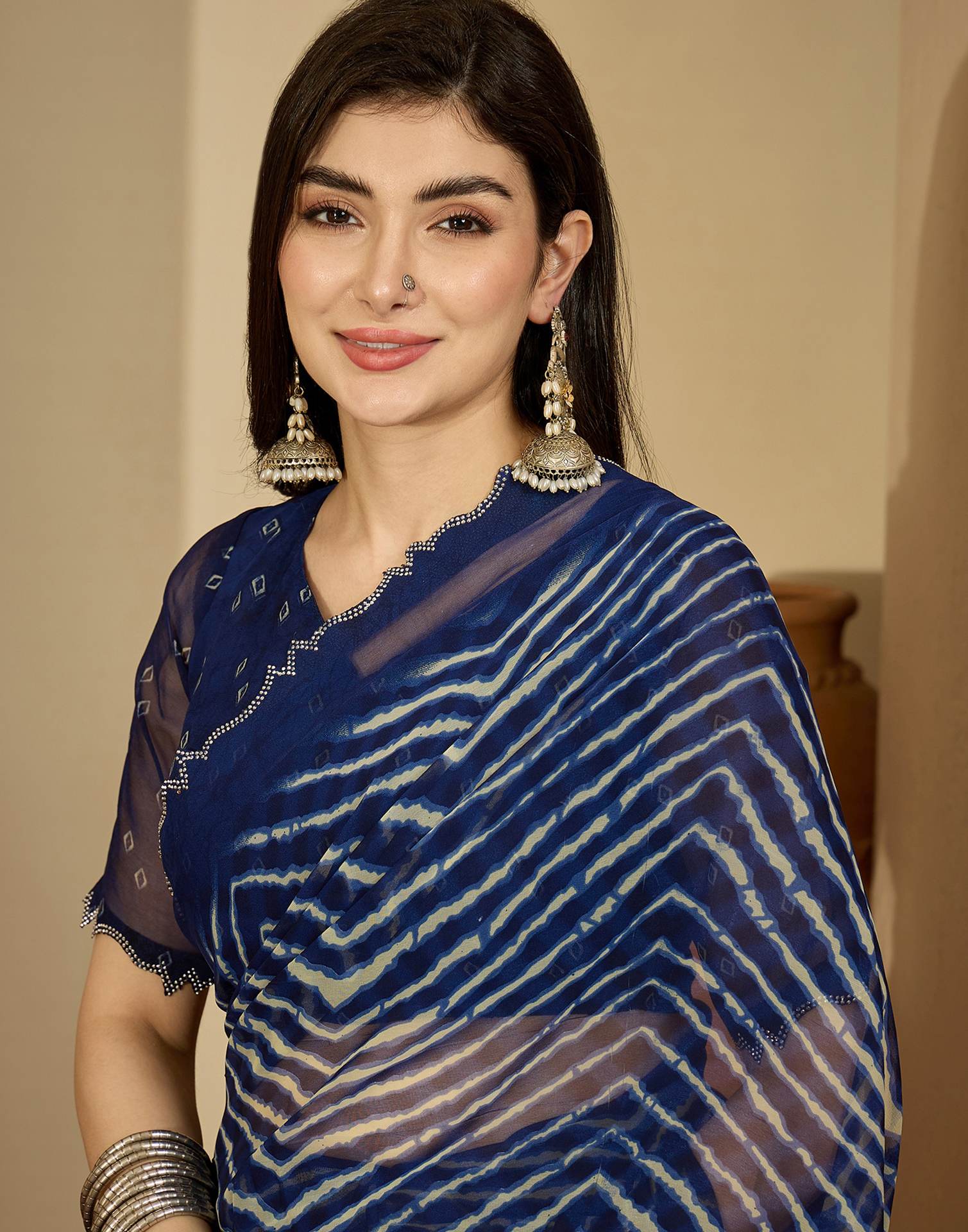 Navy Blue Georgette Printed Laheriya Saree - Image 2