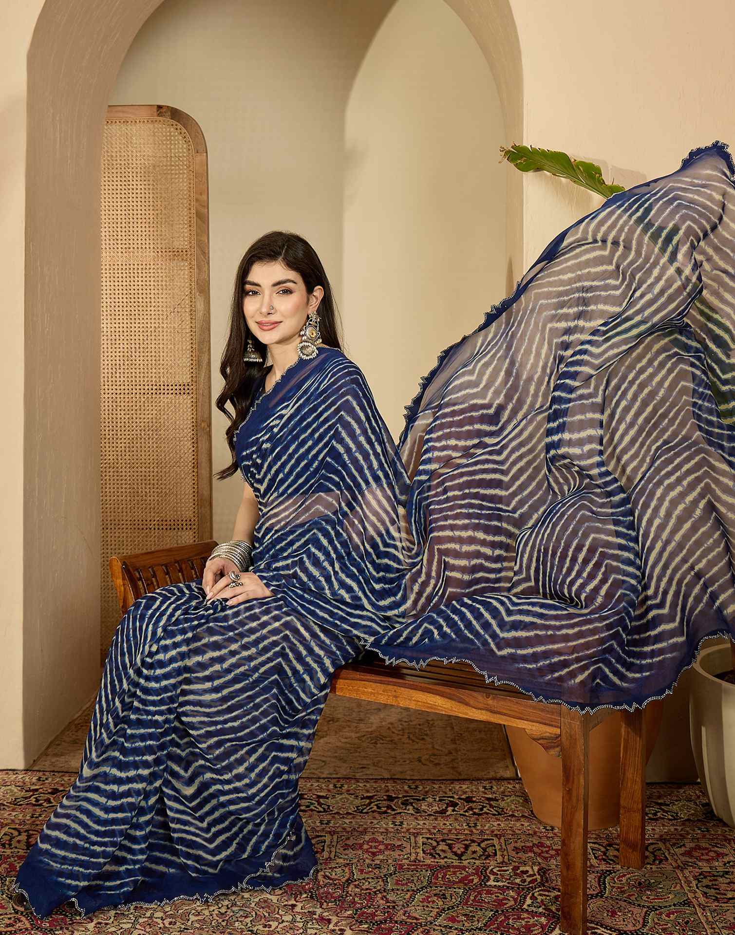 Navy Blue Georgette Printed Laheriya Saree - Image 4