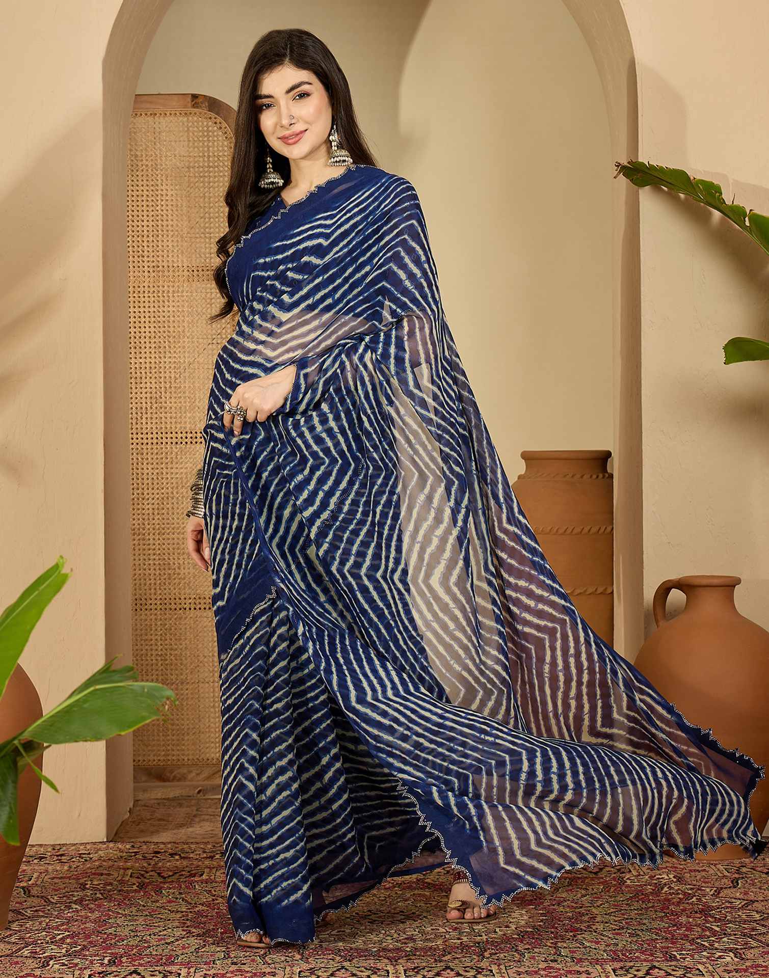 Navy Blue Georgette Printed Laheriya Saree - Image 5