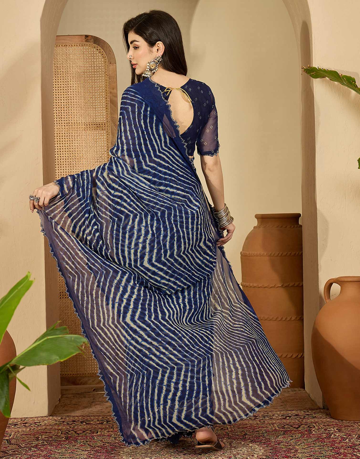 Navy Blue Georgette Printed Laheriya Saree - Image 7