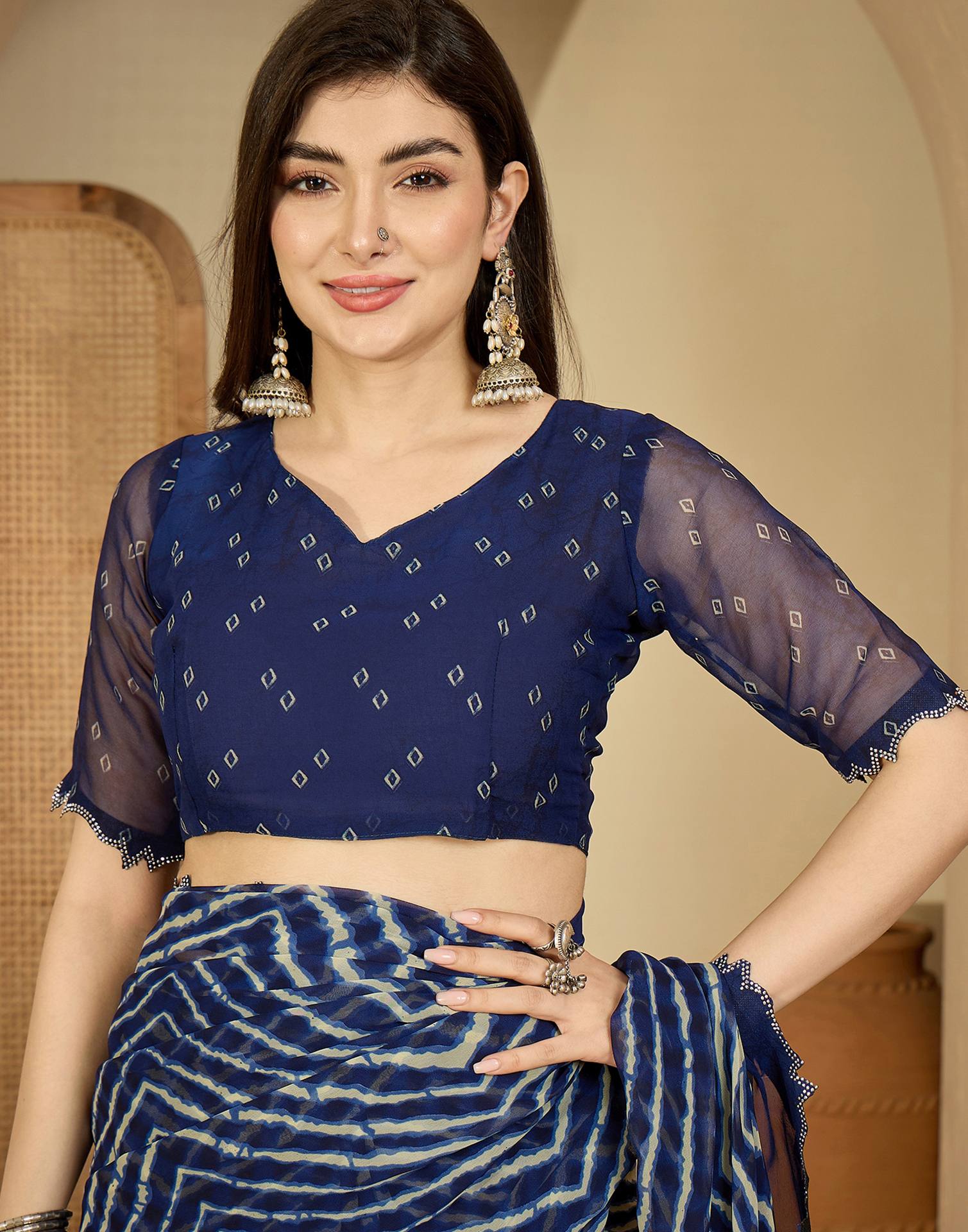 Navy Blue Georgette Printed Laheriya Saree - Image 8