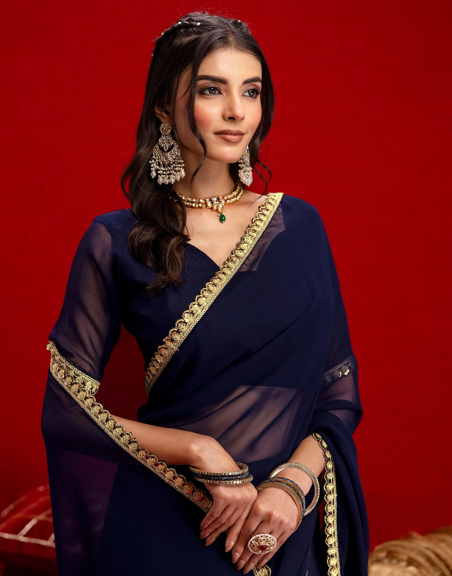 Navy Blue Georgette Sequence Embroidery Lace Saree - Image 2