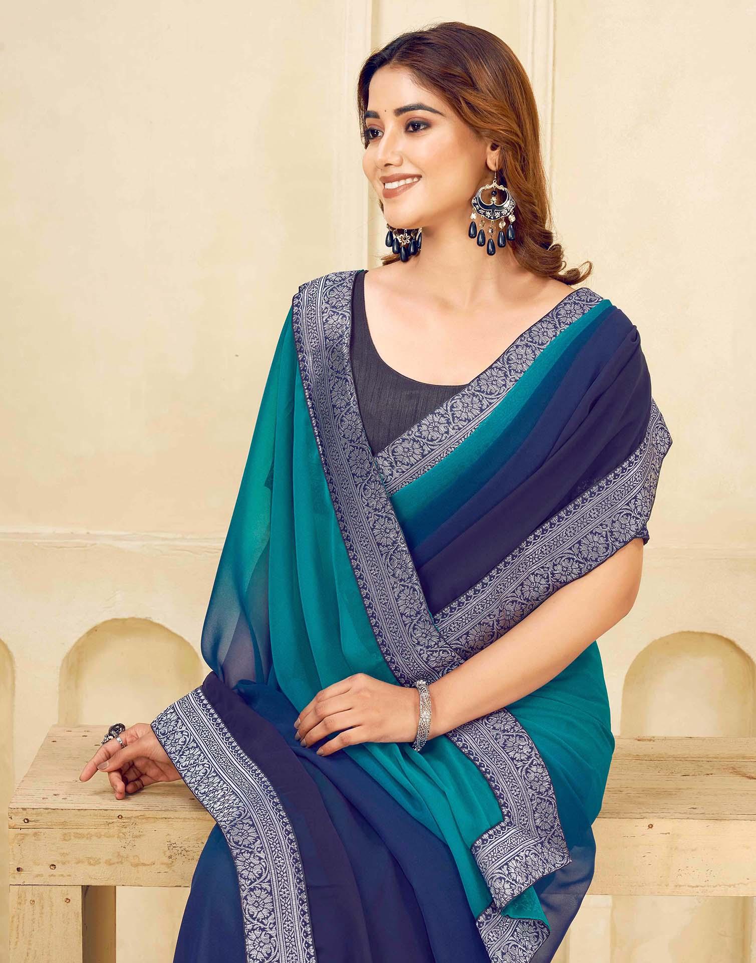 Navy Blue Georgette Woven Lace Saree - Image 2