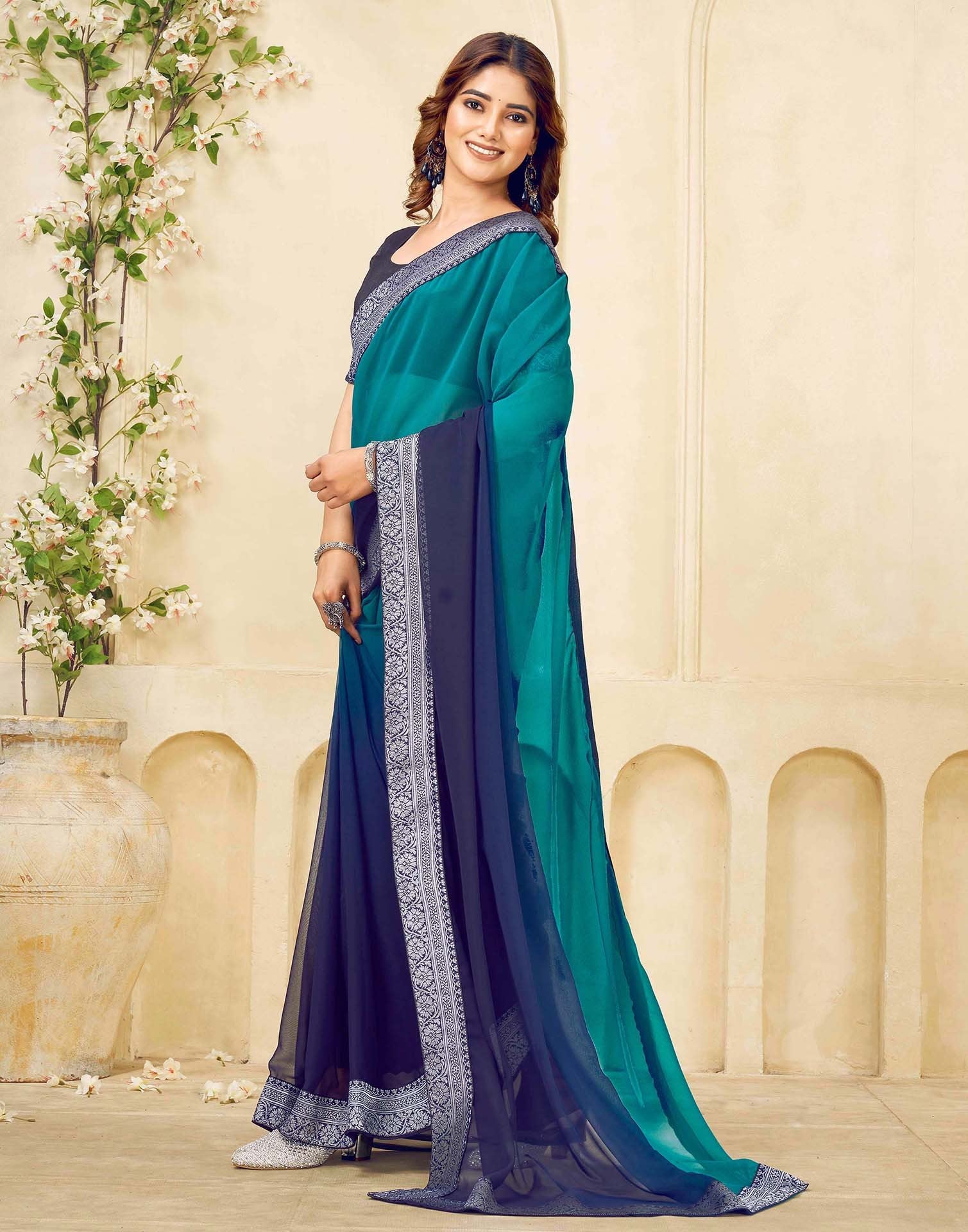 Navy Blue Georgette Woven Lace Saree - Image 4