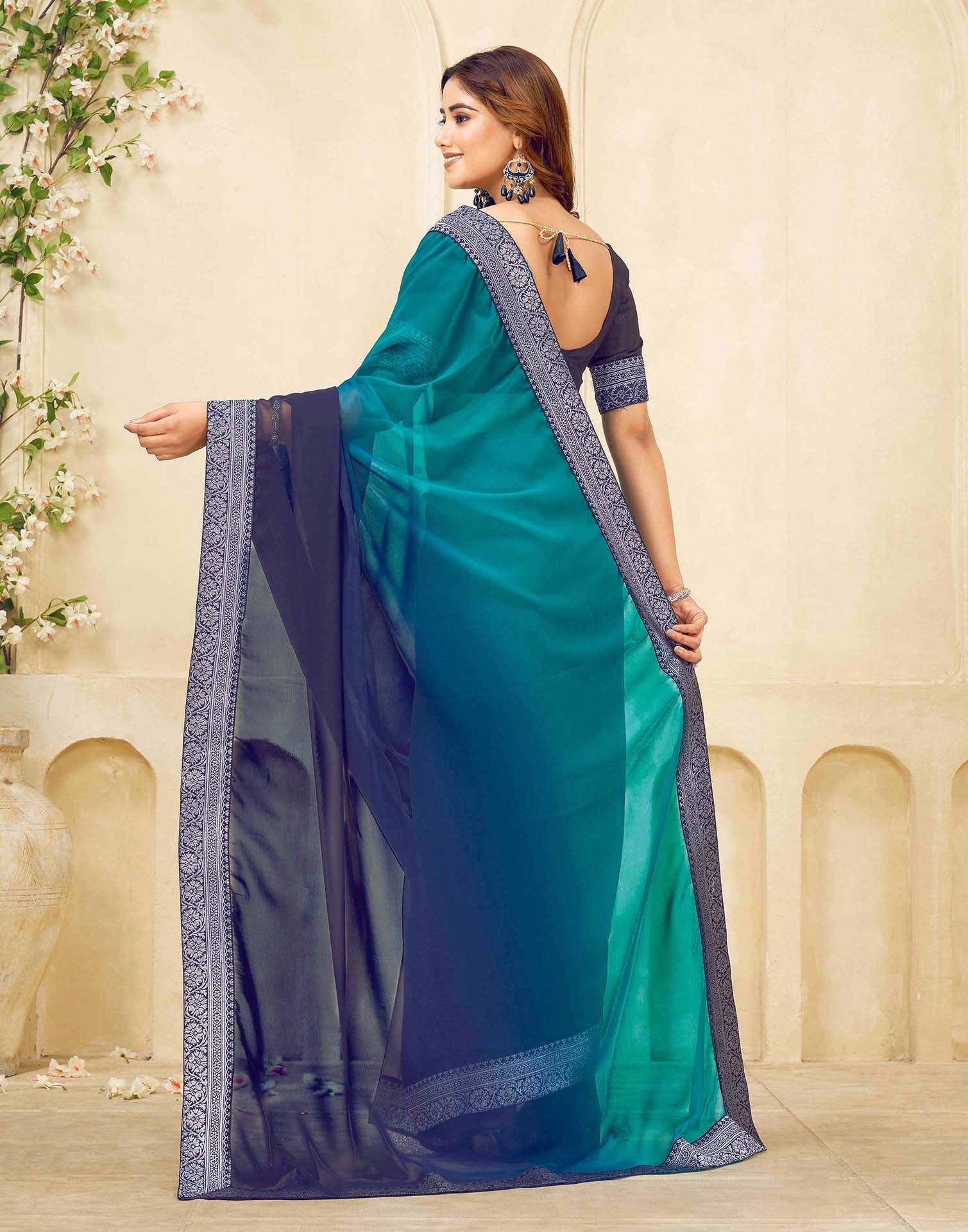 Navy Blue Georgette Woven Lace Saree - Image 6