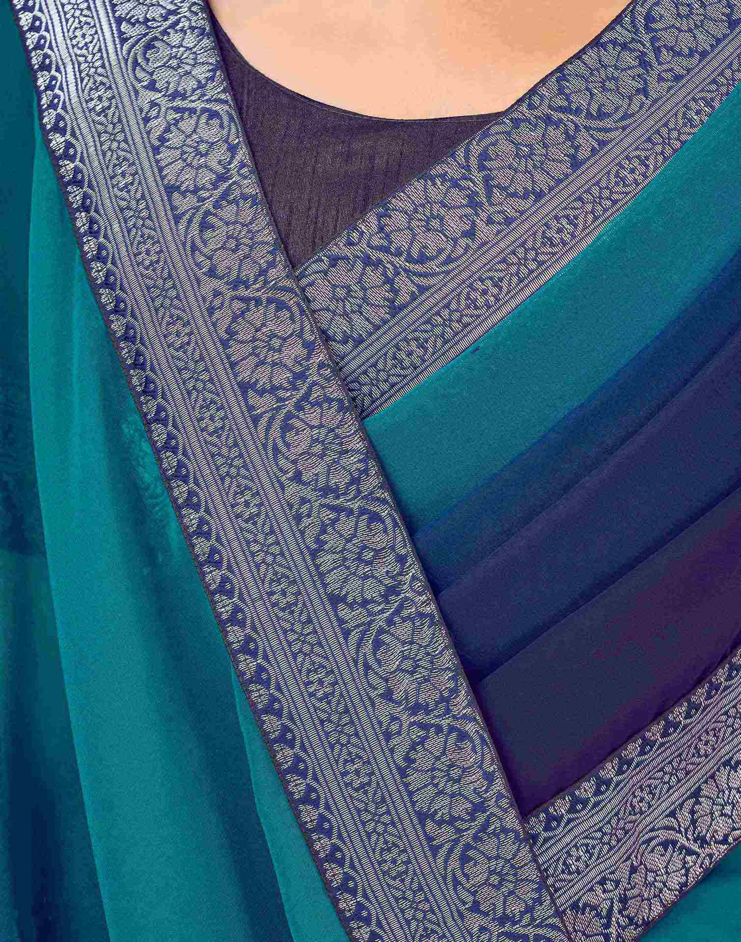 Navy Blue Georgette Woven Lace Saree - Image 7