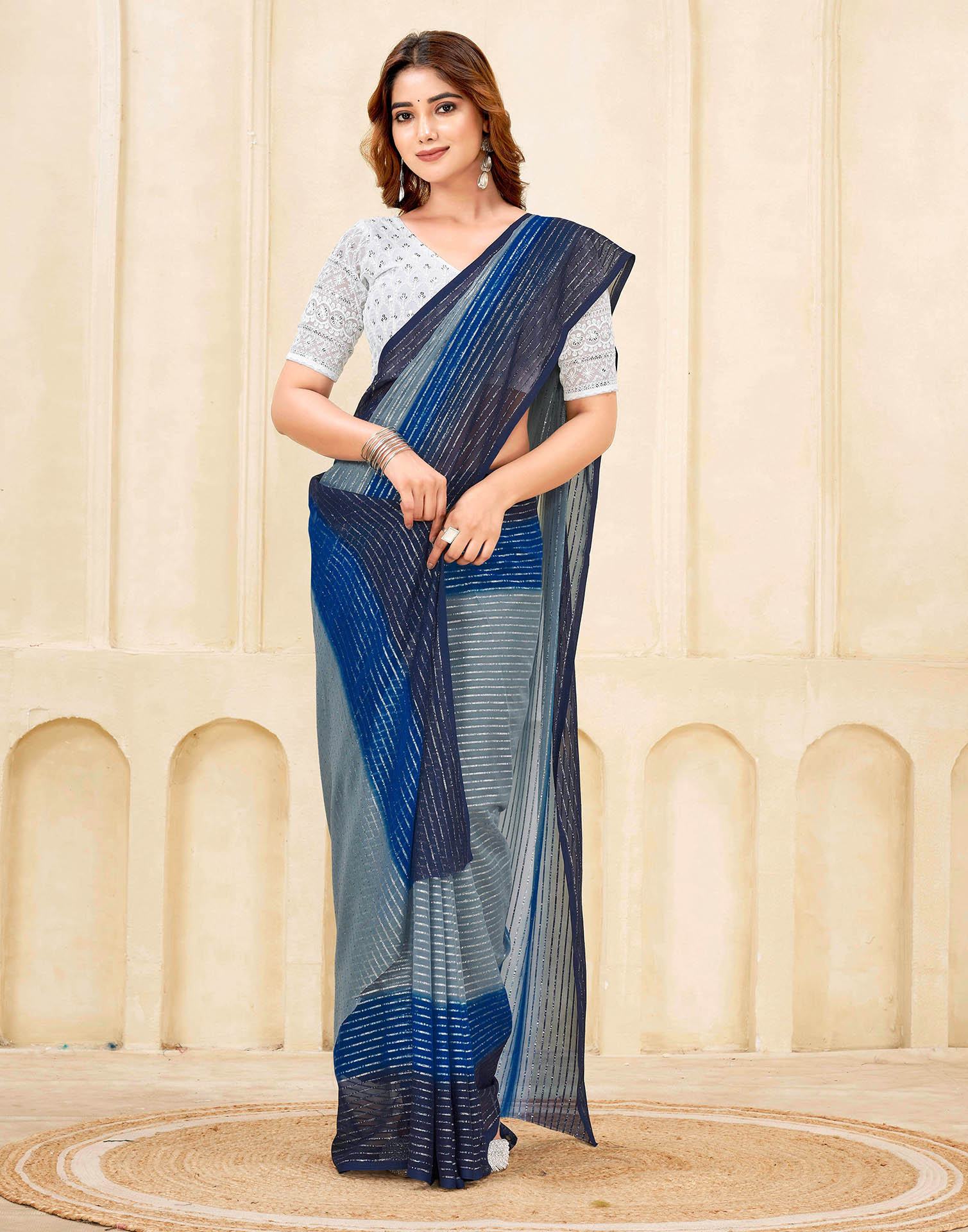 Navy Blue Georgette Zari Stripe Saree - Image 5