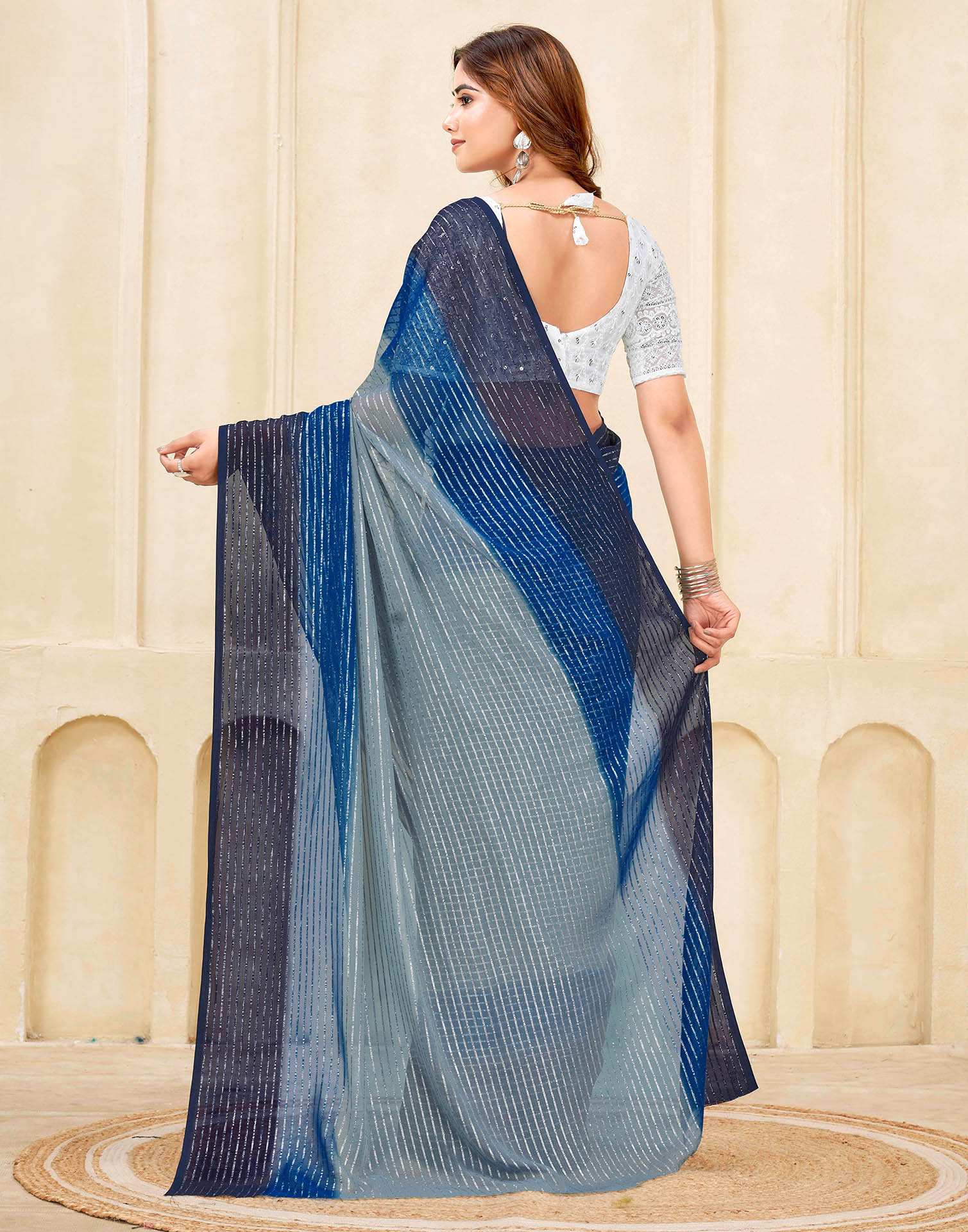 Navy Blue Georgette Zari Stripe Saree - Image 6