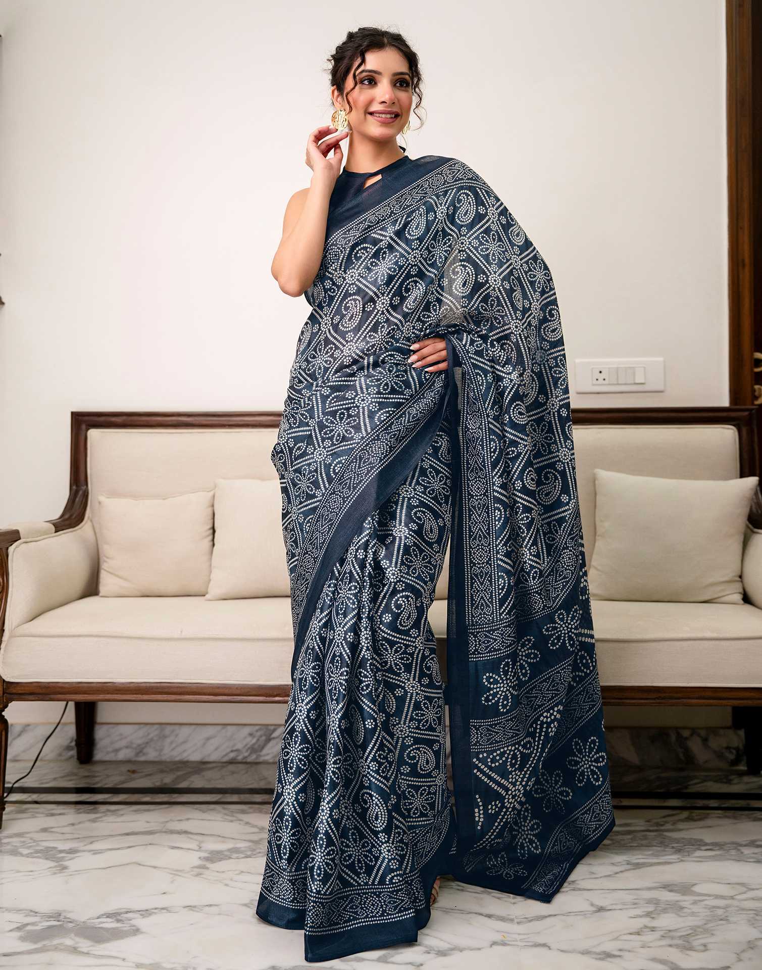 Navy Blue Khadi Bandhani Printed SareeĀ
