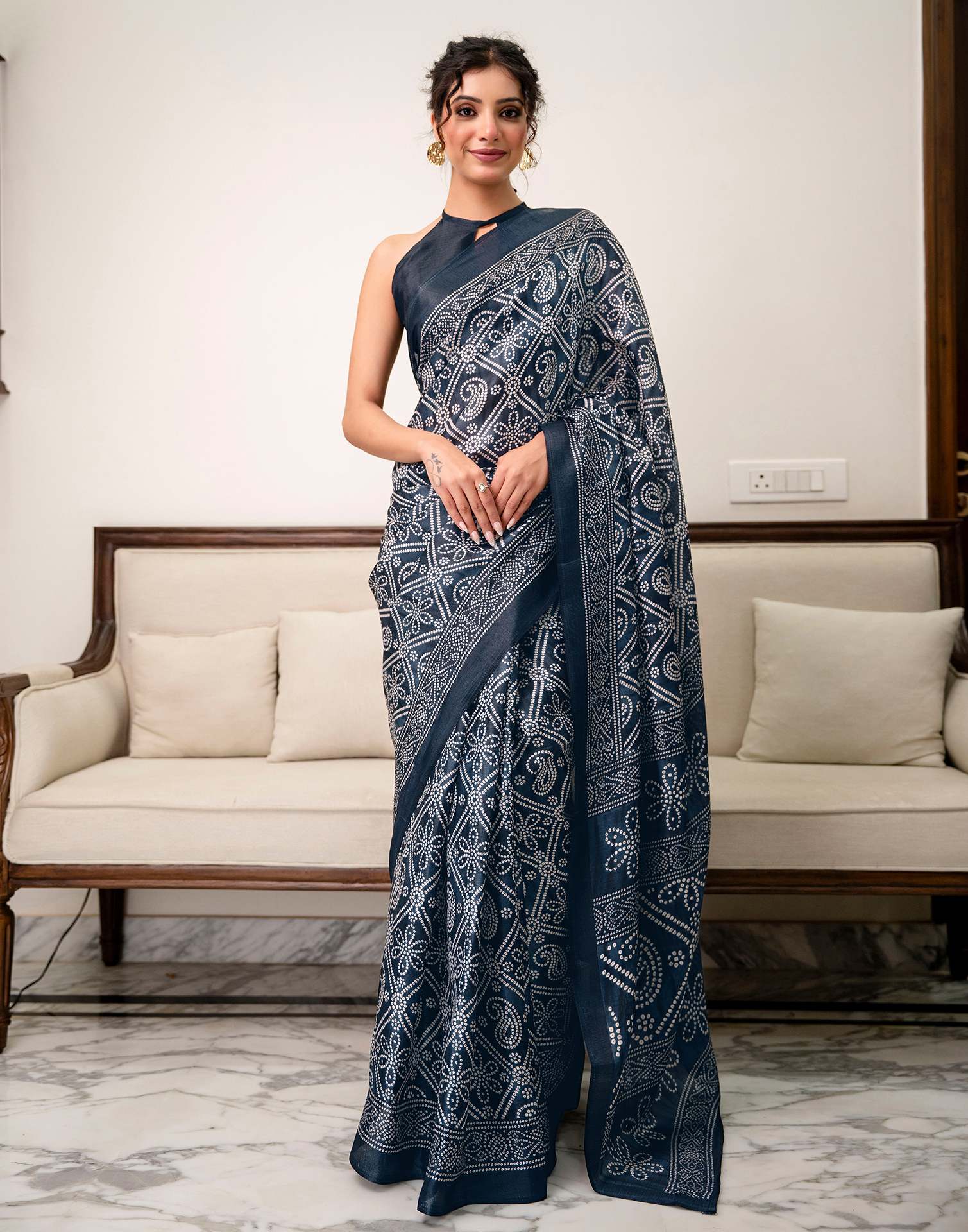 Navy Blue Khadi Bandhani Printed SareeĀ - Image 6