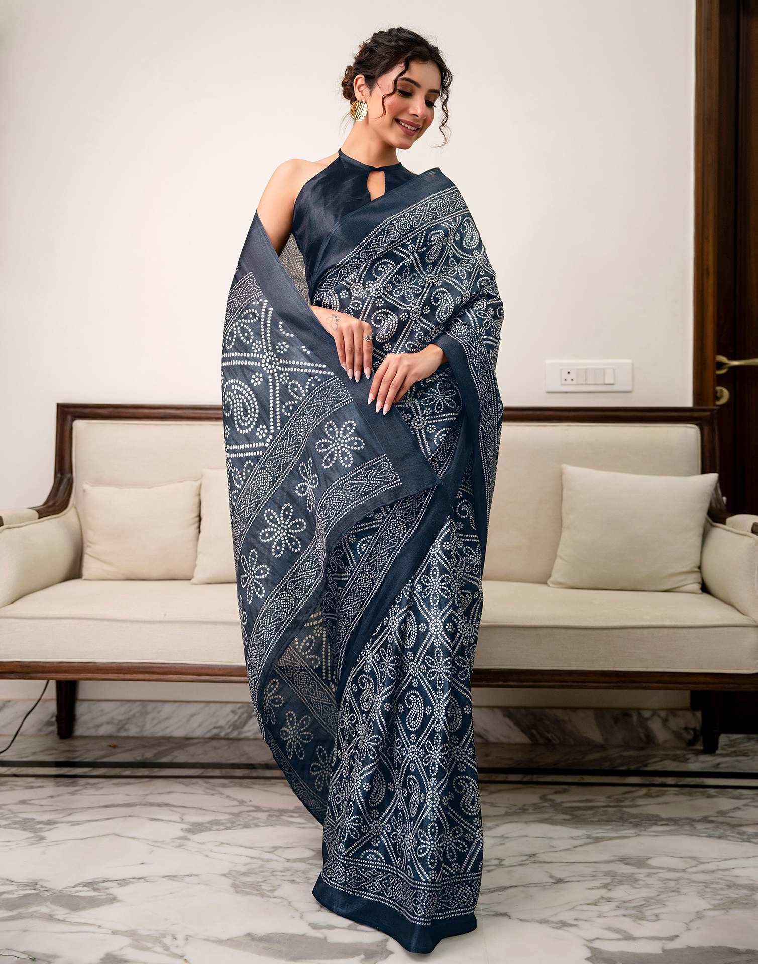 Navy Blue Khadi Bandhani Printed SareeĀ - Image 8