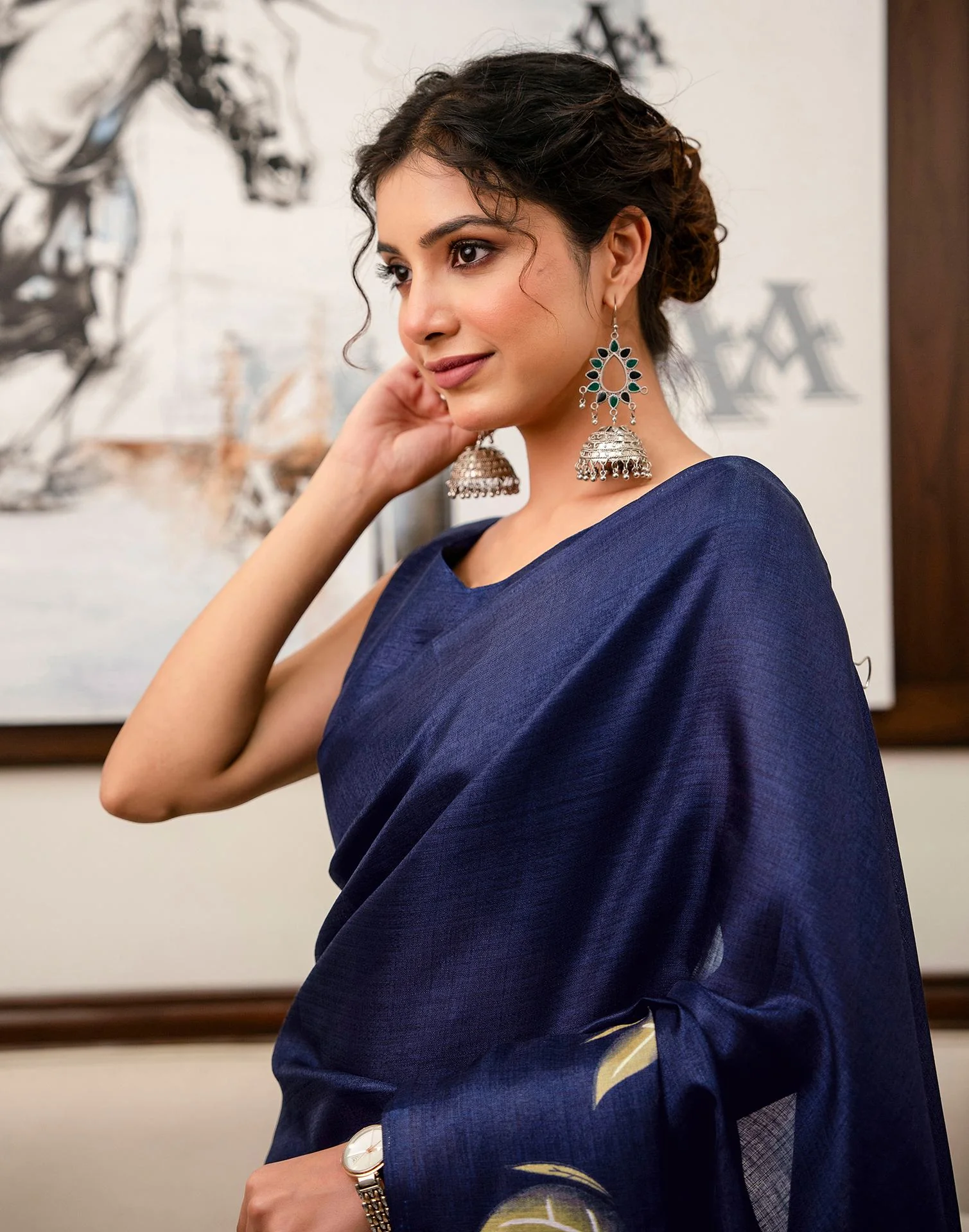 Navy Blue Khadi Floral Printed Saree - Image 4