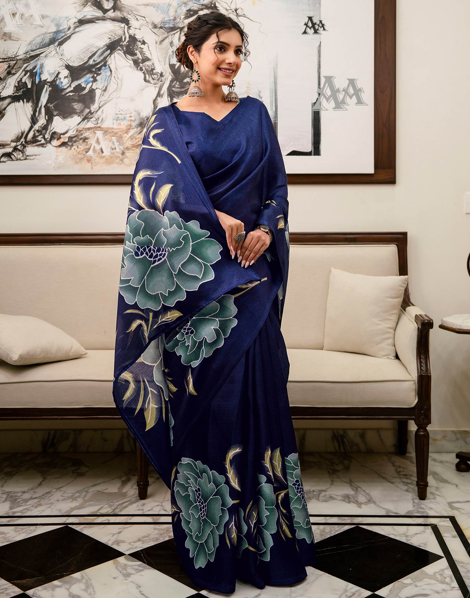 Navy Blue Khadi Floral Printed Saree - Image 6