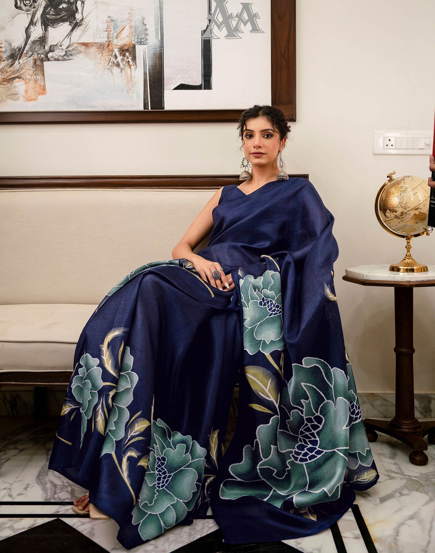 Navy Blue Khadi Floral Printed Saree - Image 7