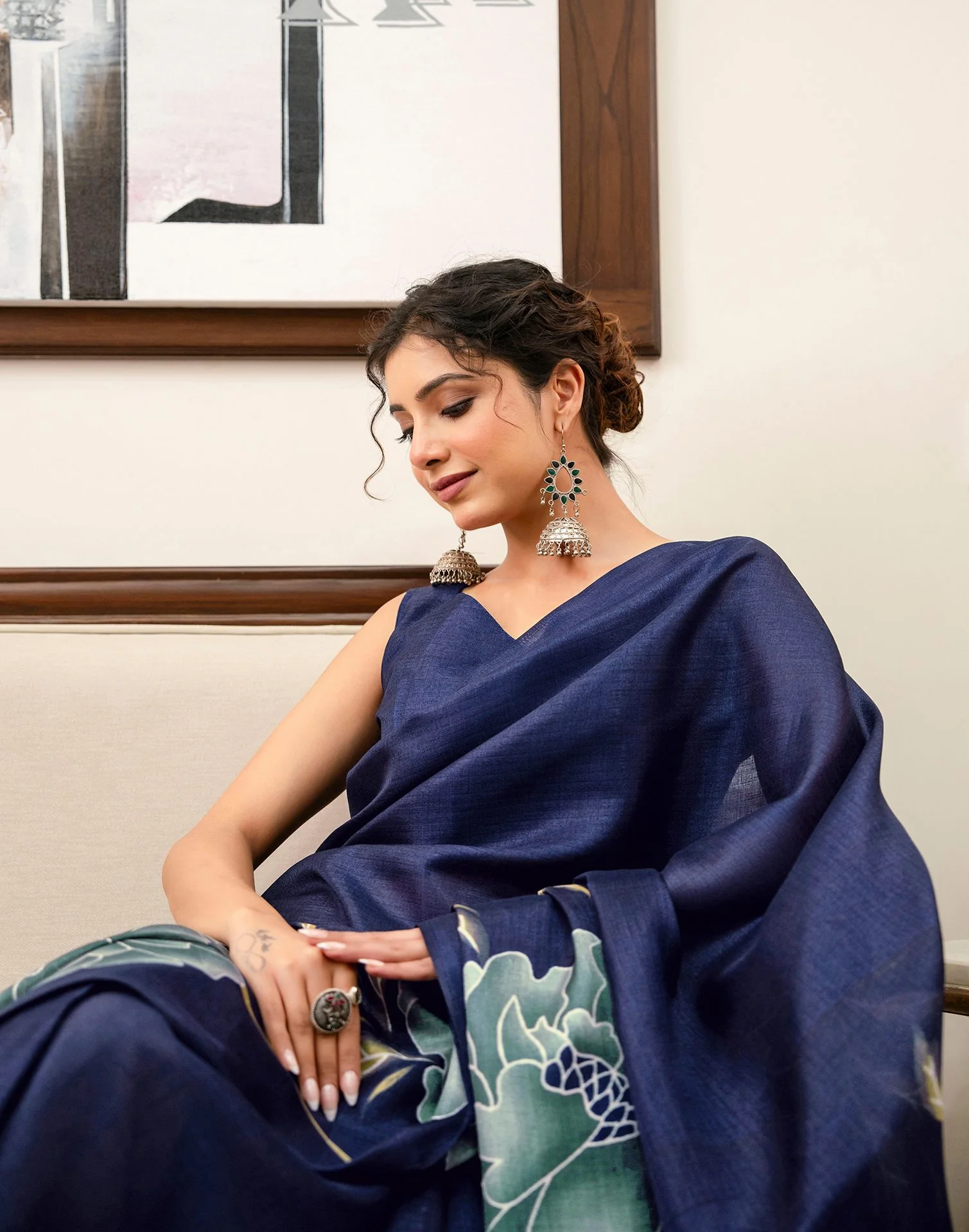 Navy Blue Khadi Floral Printed Saree - Image 9