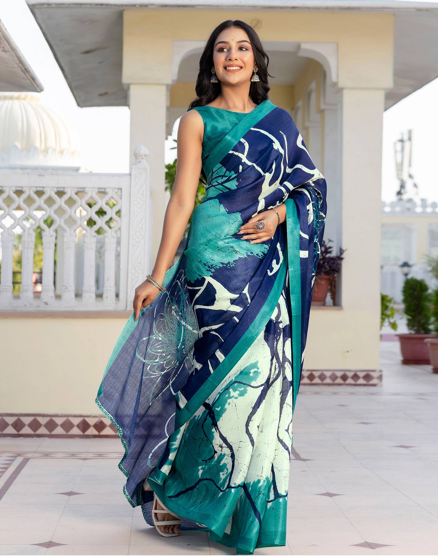 Navy Blue Khadi Printed Saree - Image 2