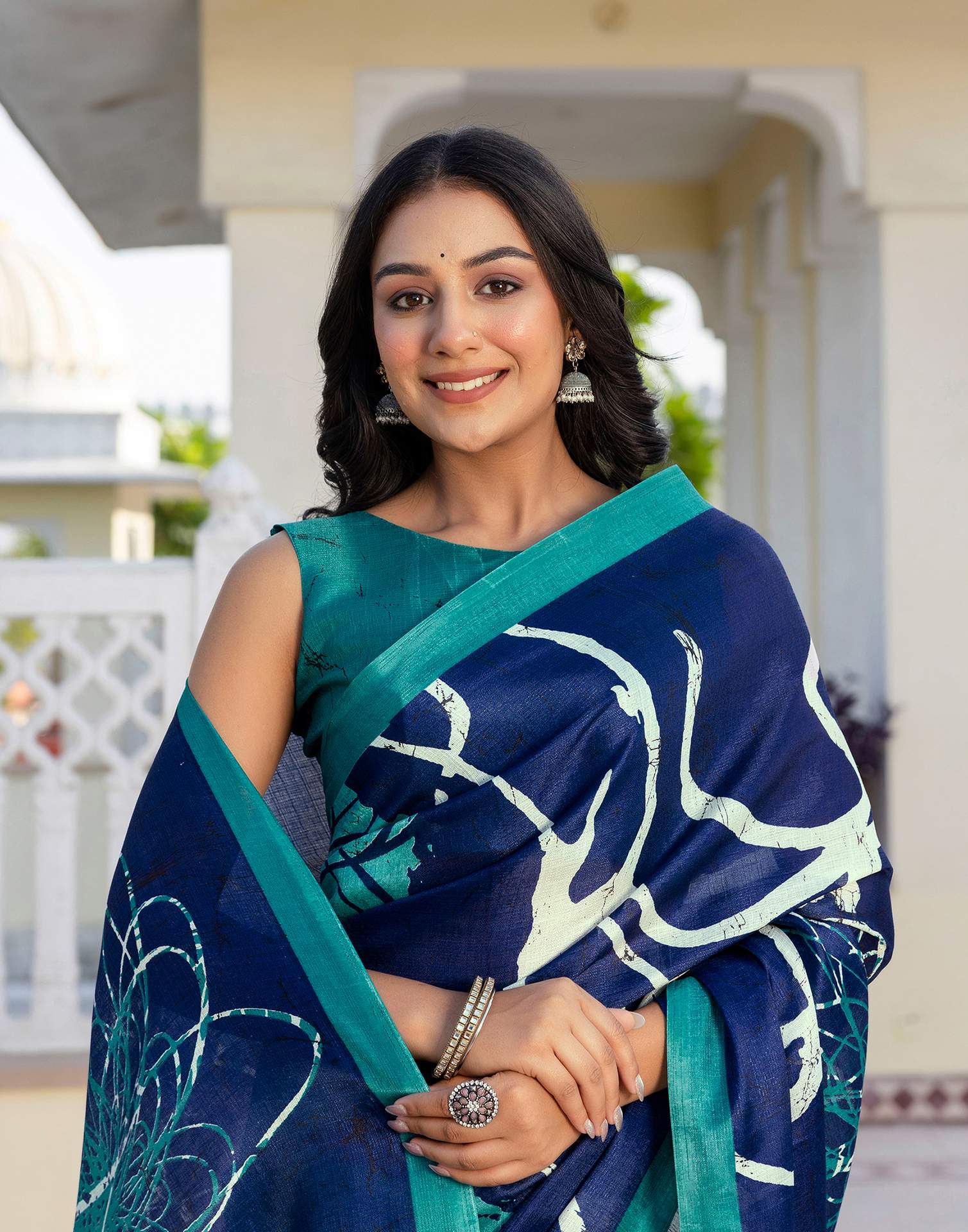 Navy Blue Khadi Printed Saree - Image 5