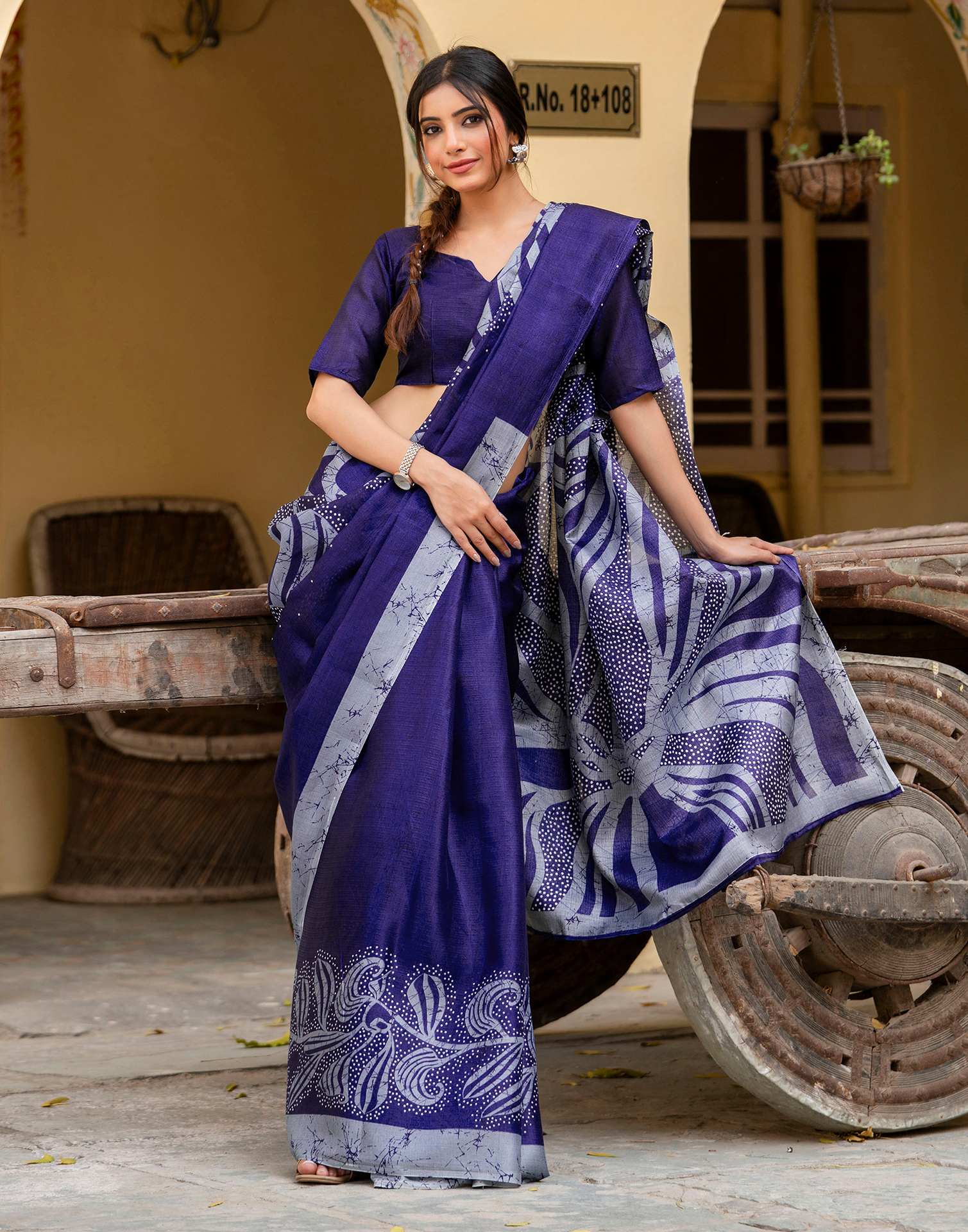 Navy Blue Khadi Printed Saree - Image 9