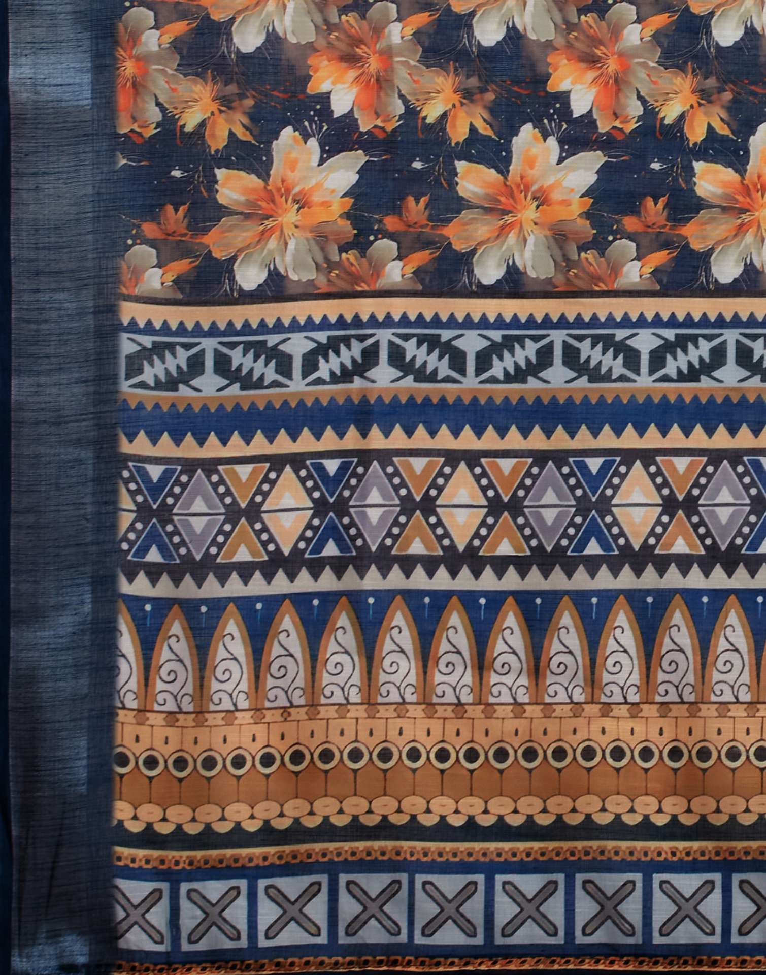 Navy Blue Linen Floral Printed Saree - Image 6