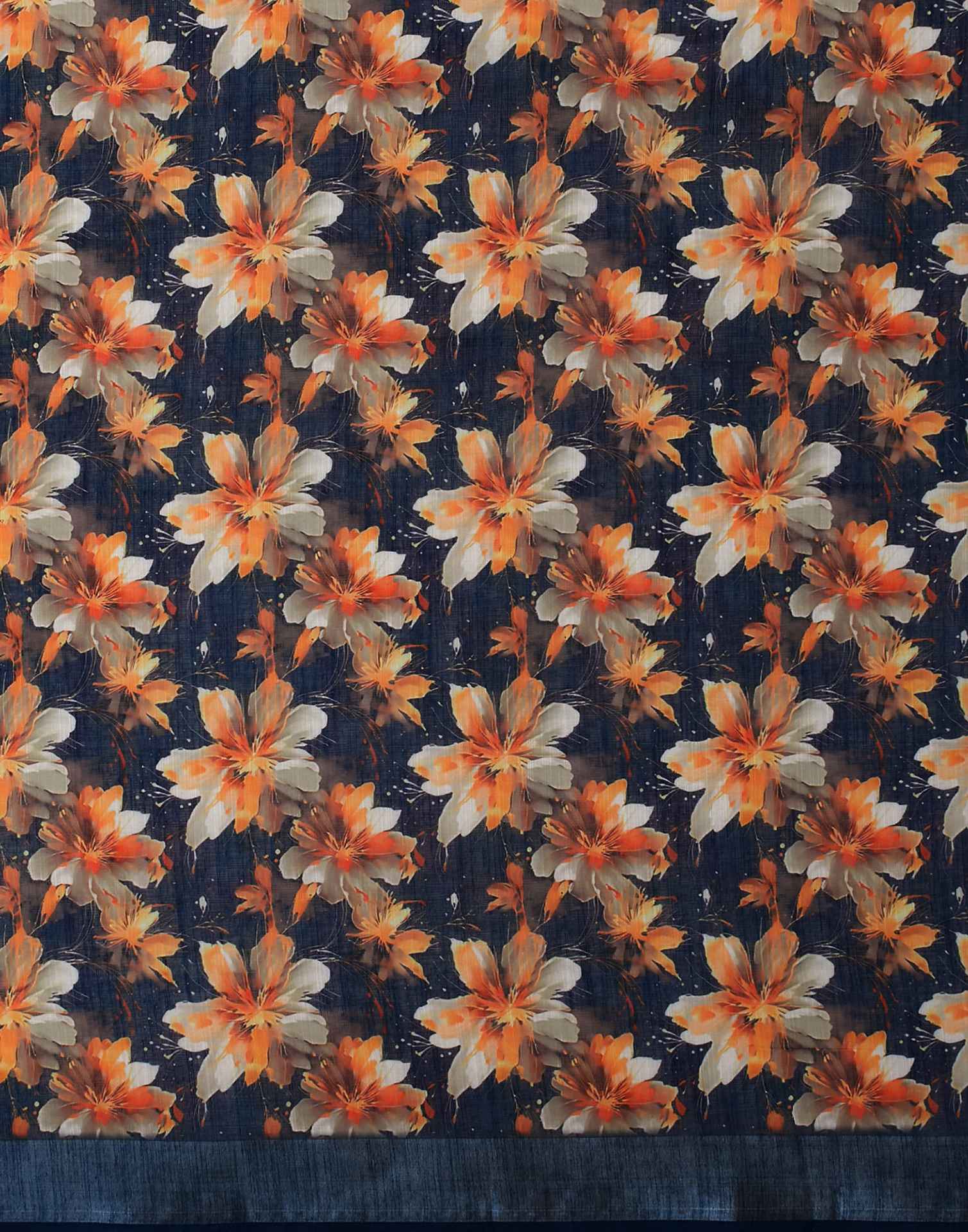 Navy Blue Linen Floral Printed Saree - Image 7