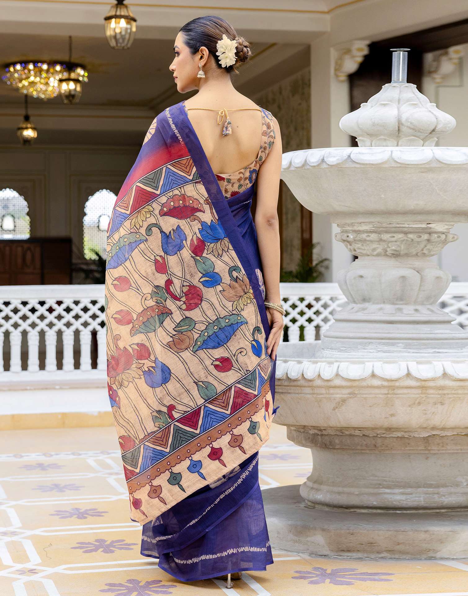 Navy Blue Linen Printed Saree - Image 7