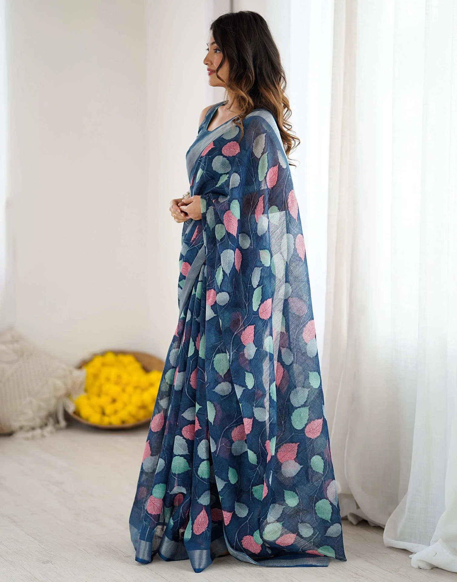 Navy Blue Linen Printed Saree - Image 4