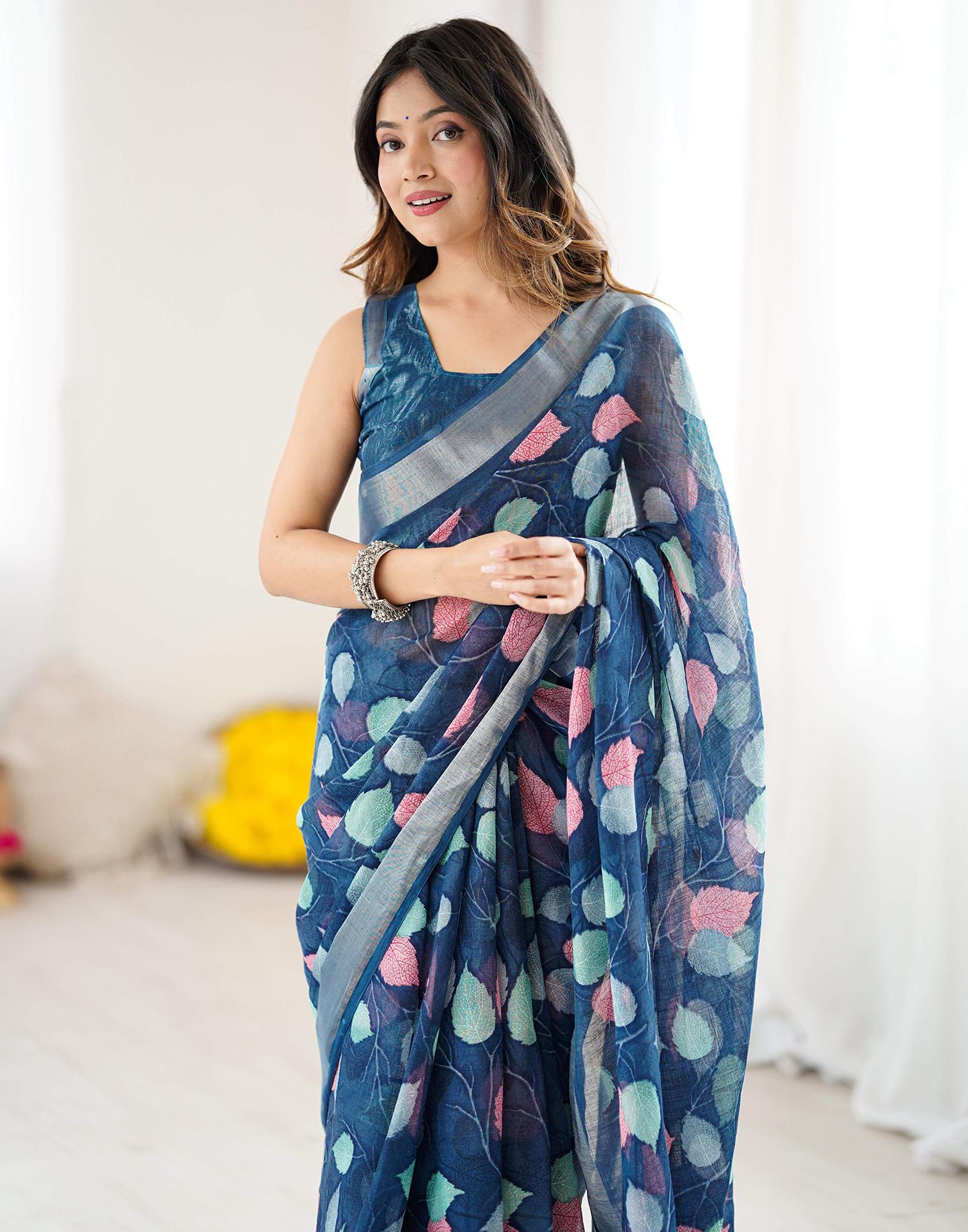 Navy Blue Linen Printed Saree - Image 5