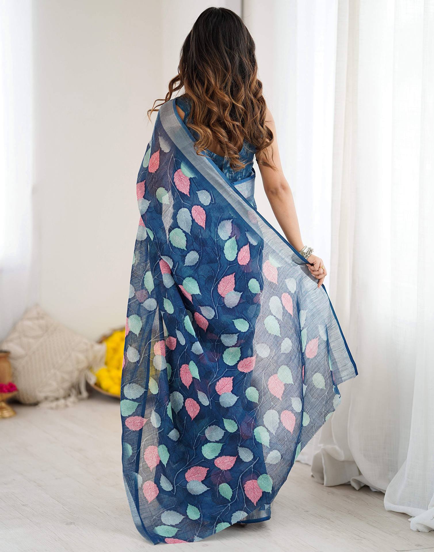 Navy Blue Linen Printed Saree - Image 7