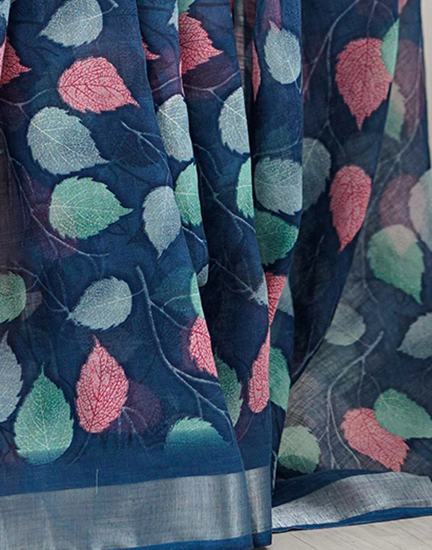 Navy Blue Linen Printed Saree - Image 8