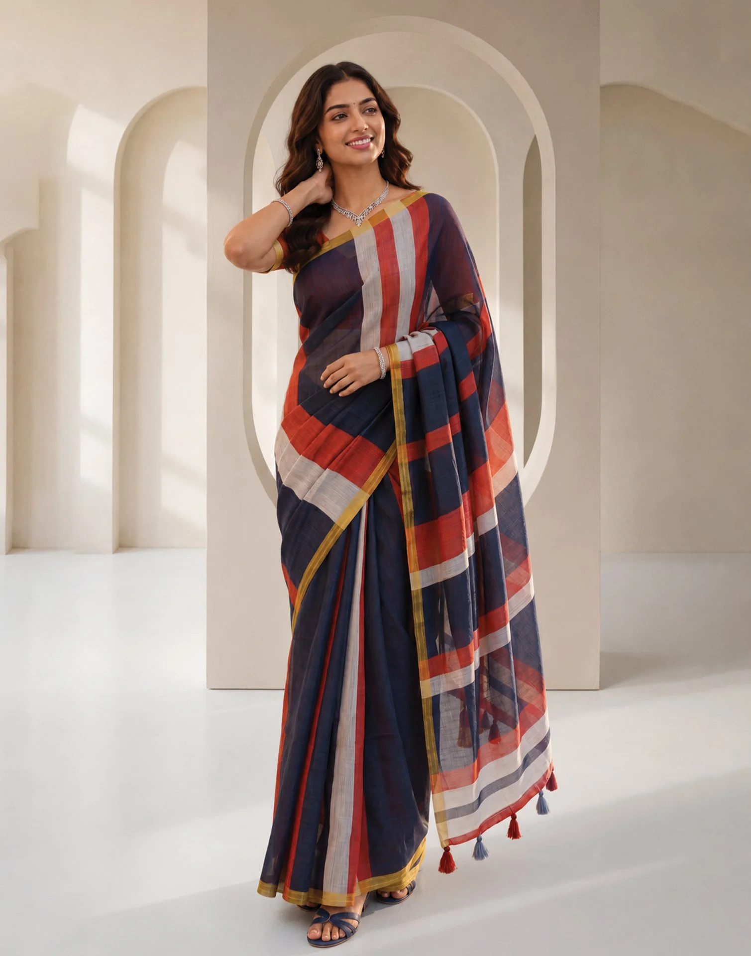 Navy Blue Linen Printed Zari Border Saree - Image 2