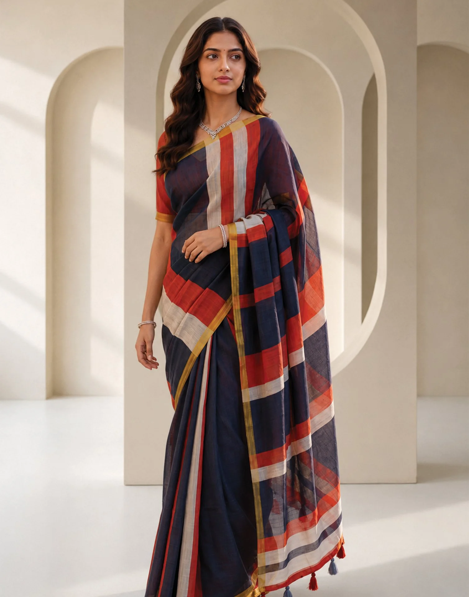 Navy Blue Linen Printed Zari Border Saree - Image 5