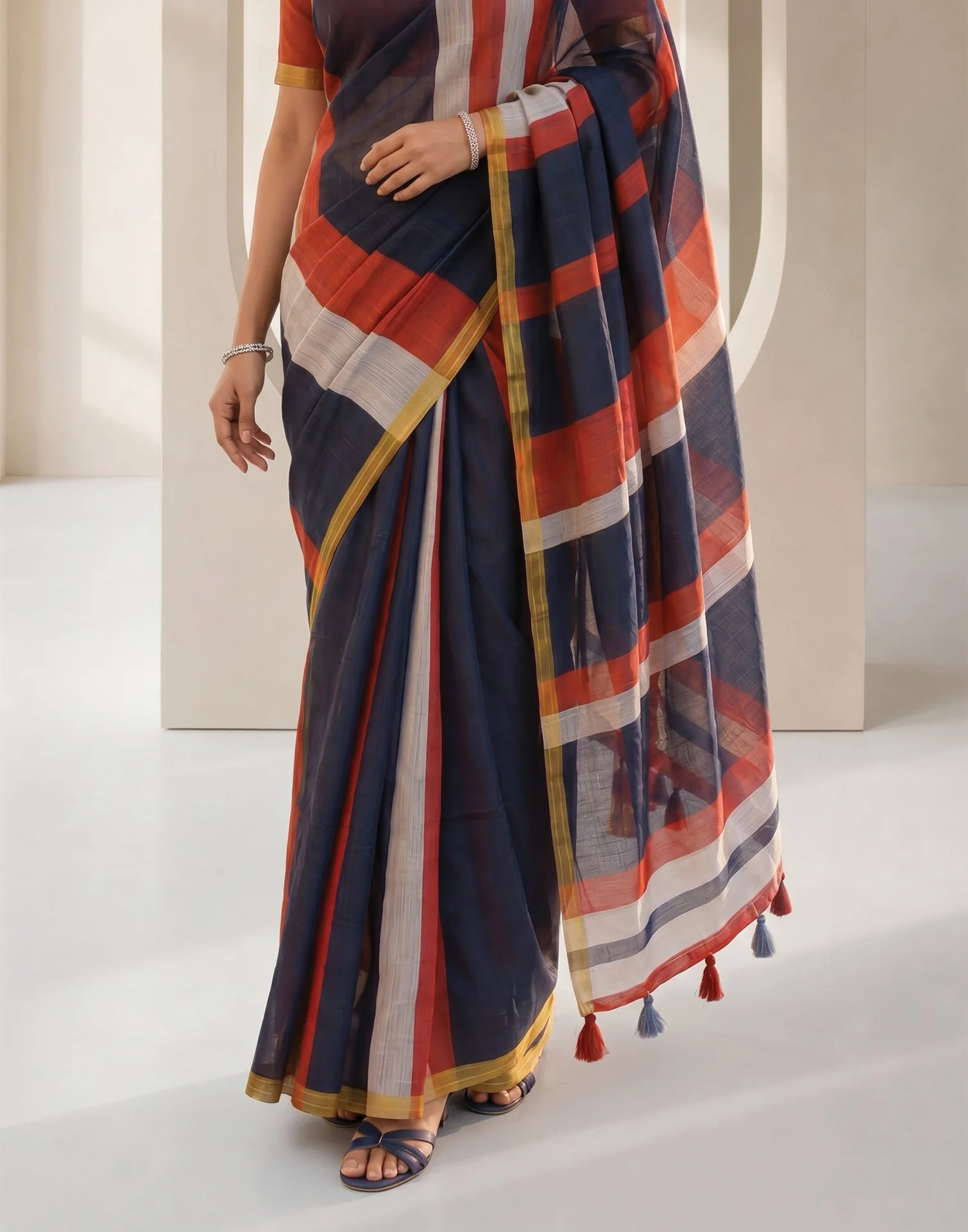 Navy Blue Linen Printed Zari Border Saree - Image 7