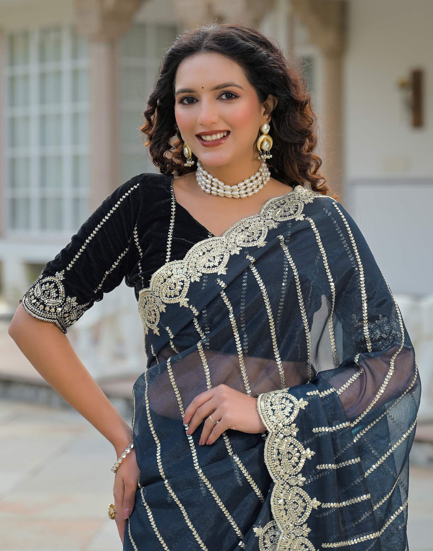 Navy Blue Net Sequence Embroidery Saree - Image 2