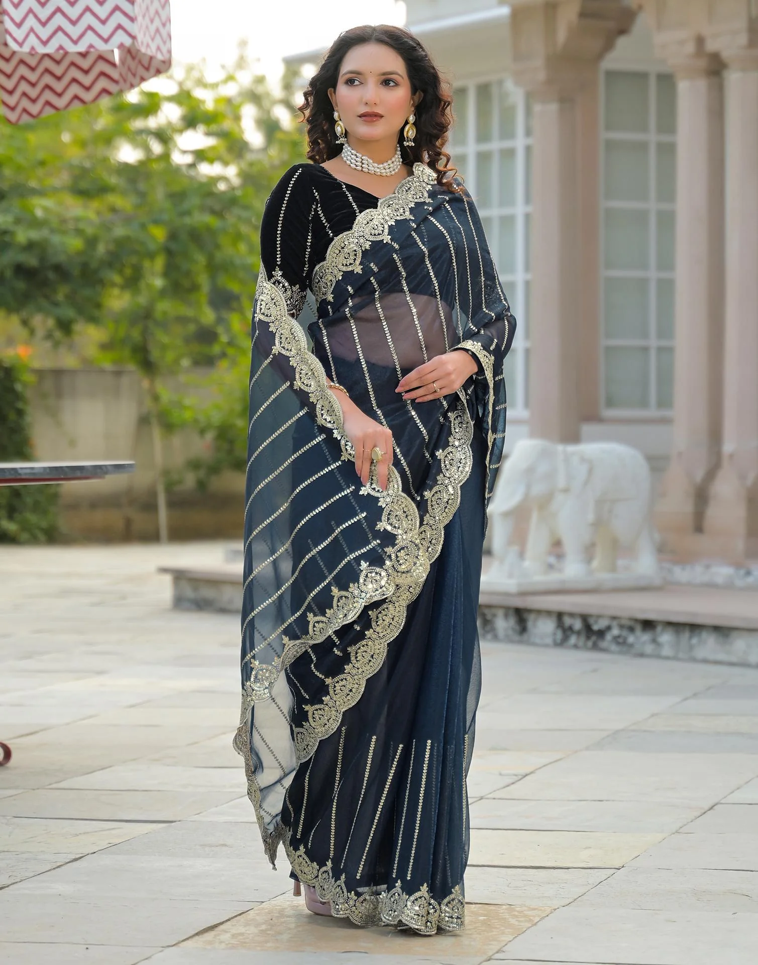 Navy Blue Net Sequence Embroidery Saree - Image 8
