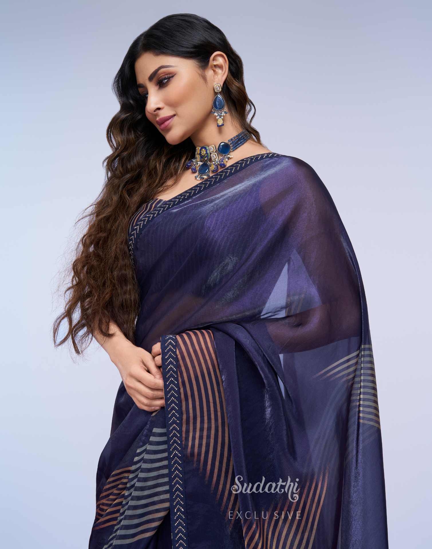 Mouni Roy Midnight Blue Gold Swarovski Saree - Image 3