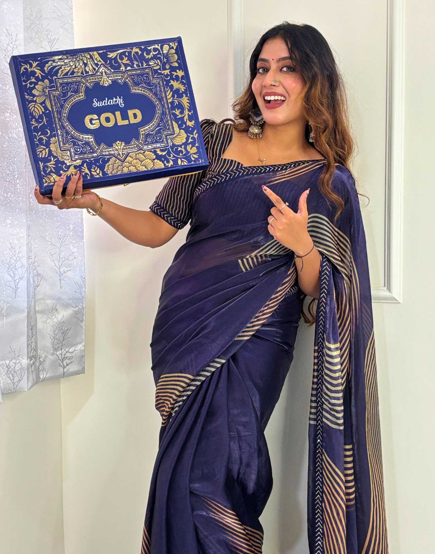 Mouni Roy Midnight Blue Gold Swarovski Saree - Image 5