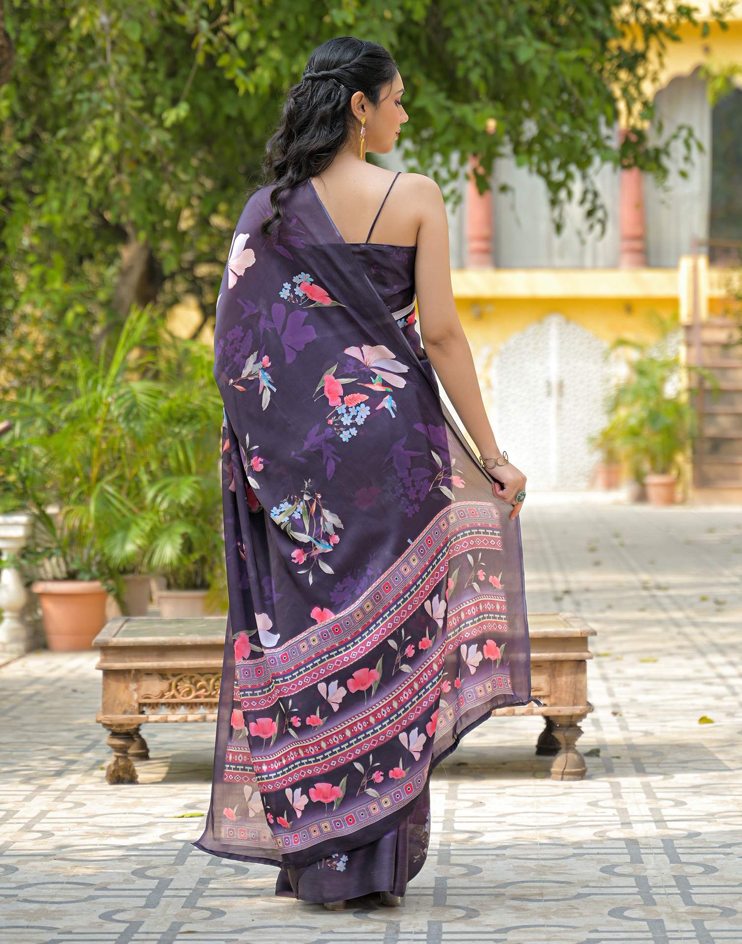 Navy Blue Satin Chiffon Floral Printed Saree - Image 6