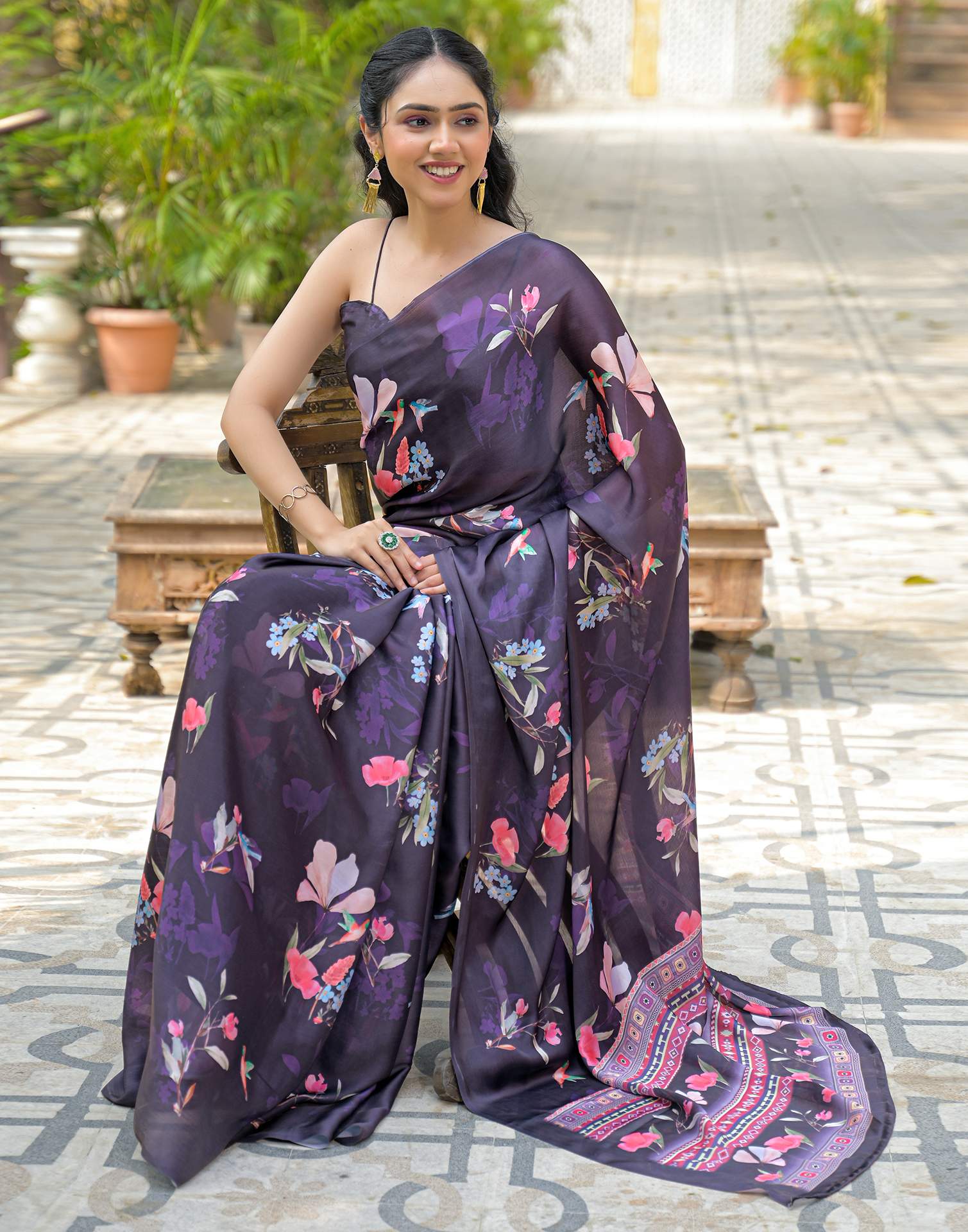 Navy Blue Satin Chiffon Floral Printed Saree - Image 8