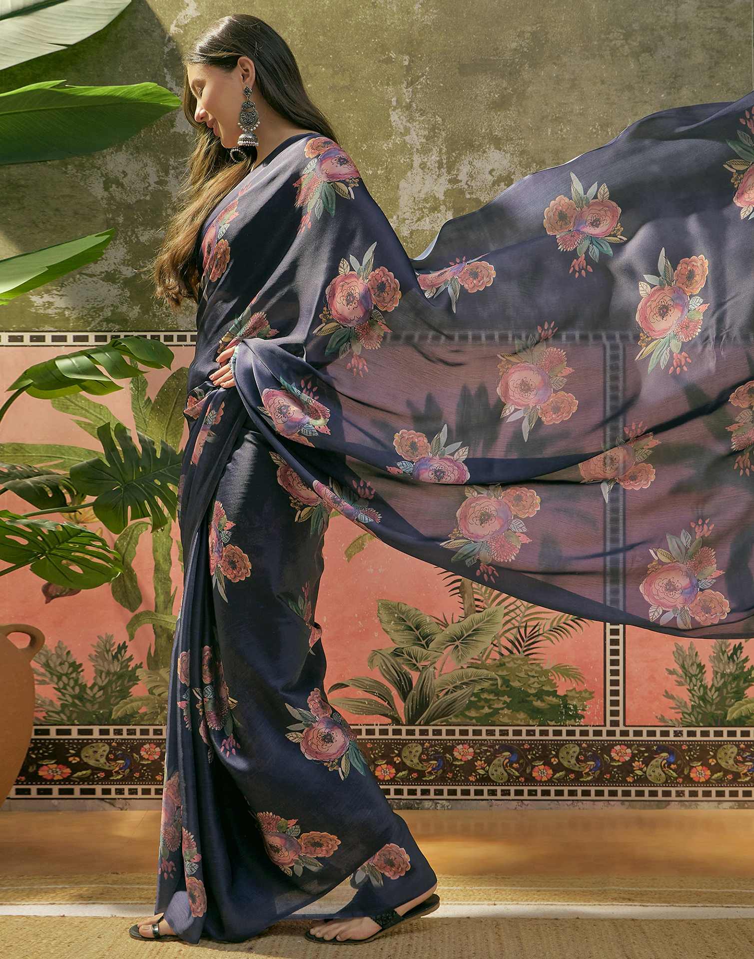 Navy Blue Satin Floral Printed Saree - Image 4