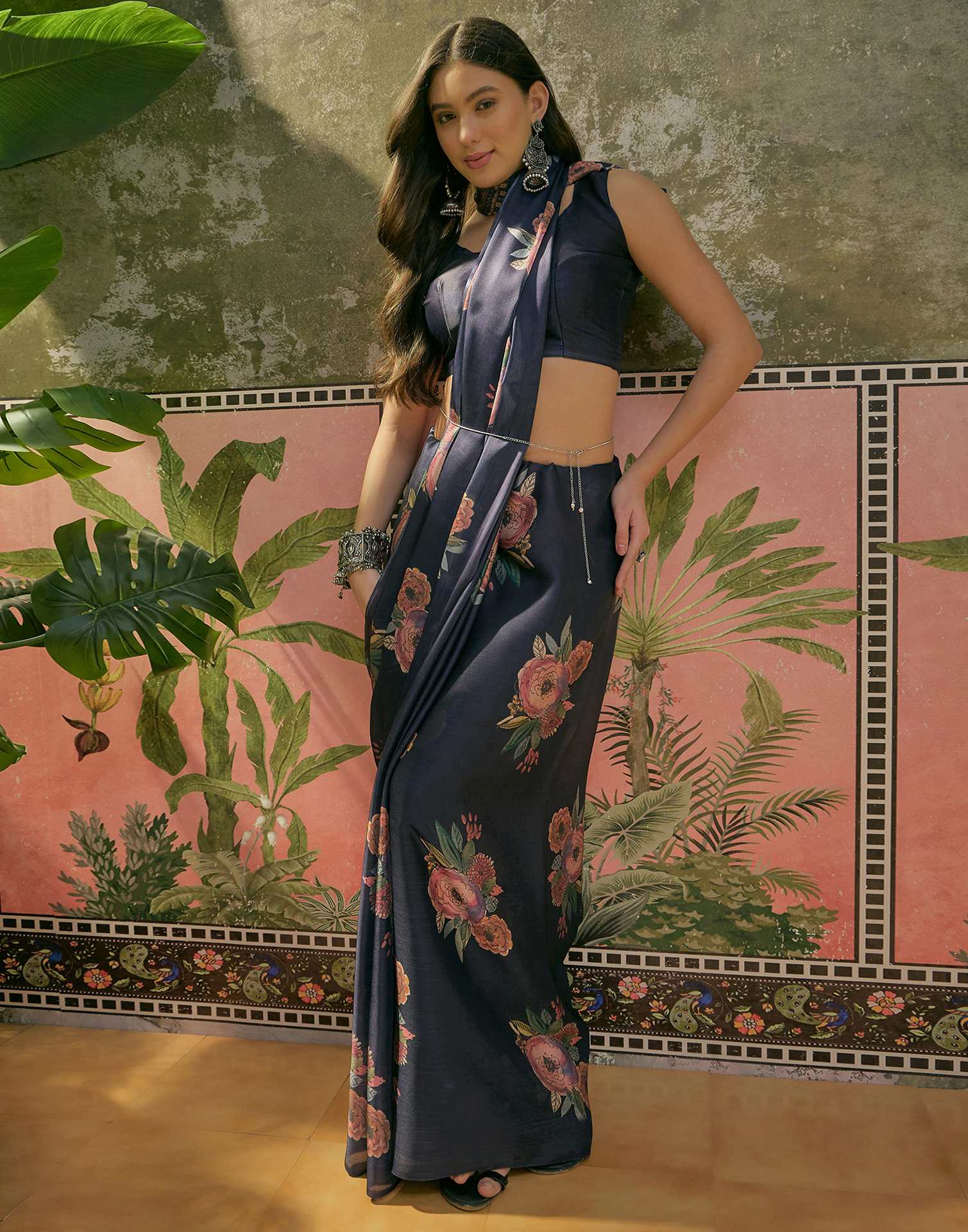 Navy Blue Satin Floral Printed Saree - Image 5