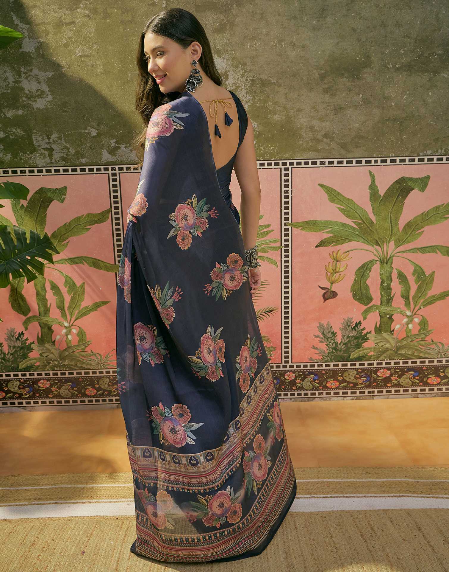Navy Blue Satin Floral Printed Saree - Image 6