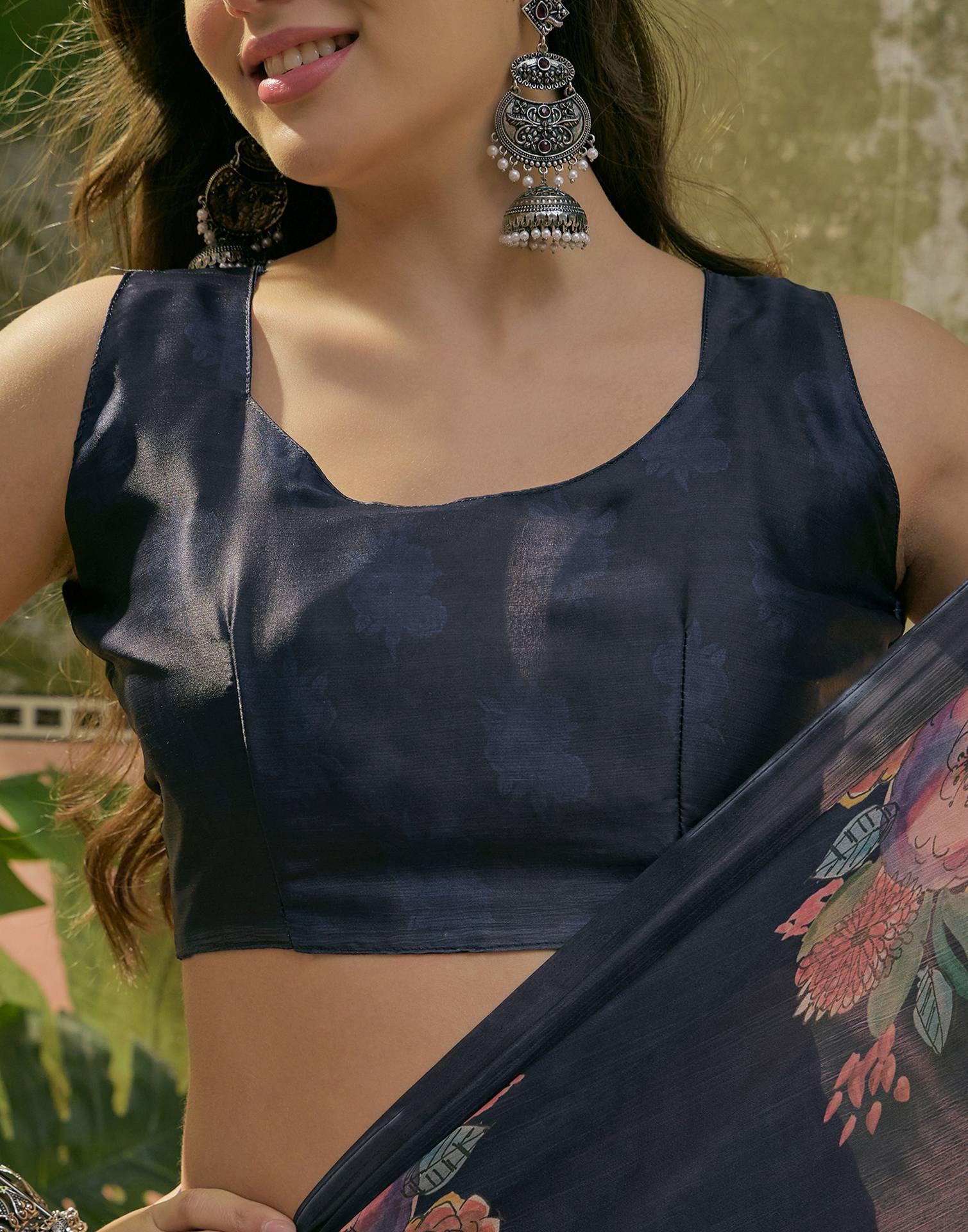 Navy Blue Satin Floral Printed Saree - Image 8