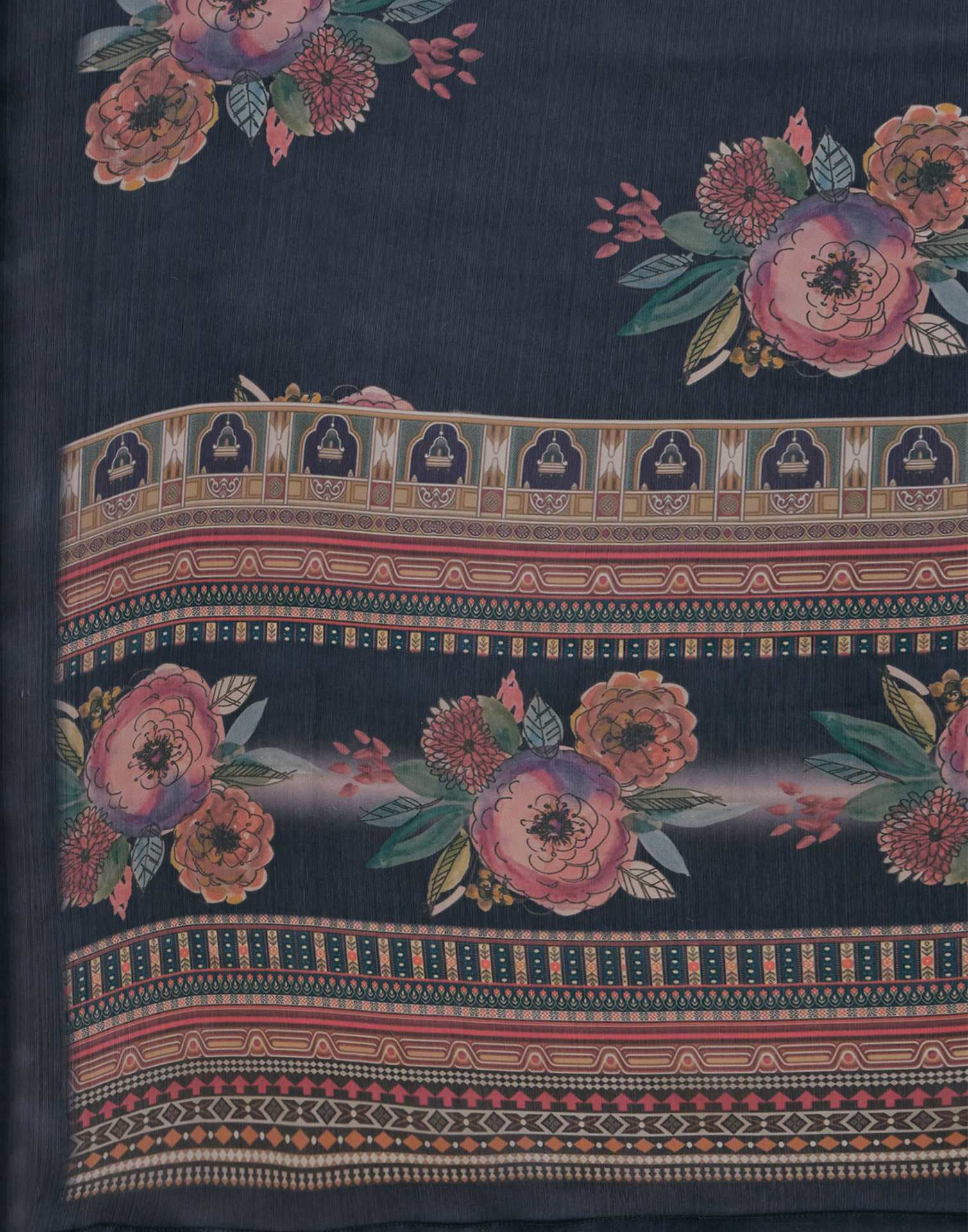 Navy Blue Satin Floral Printed Saree - Image 9