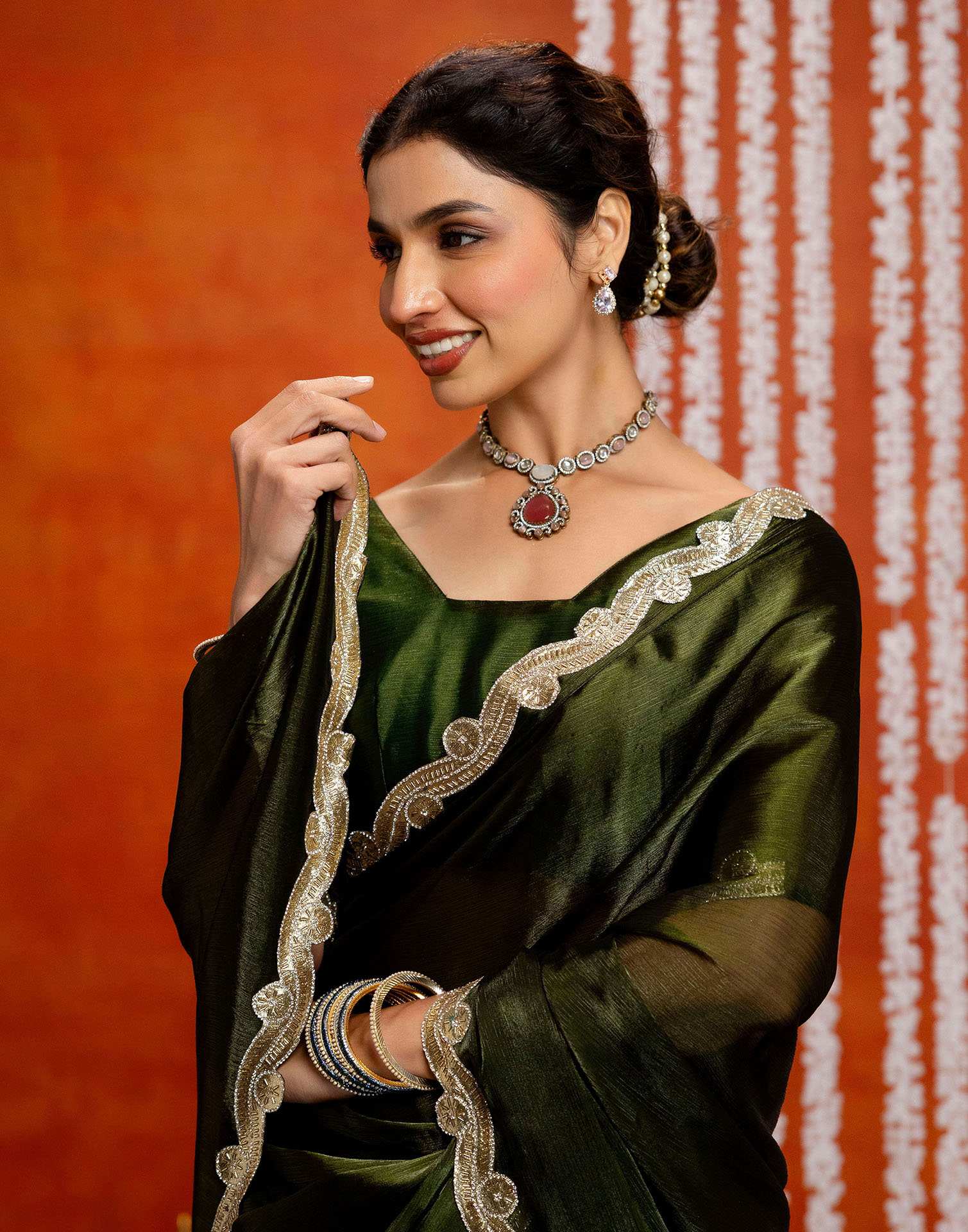 Olive Green Shimmer Lace Saree - Image 2