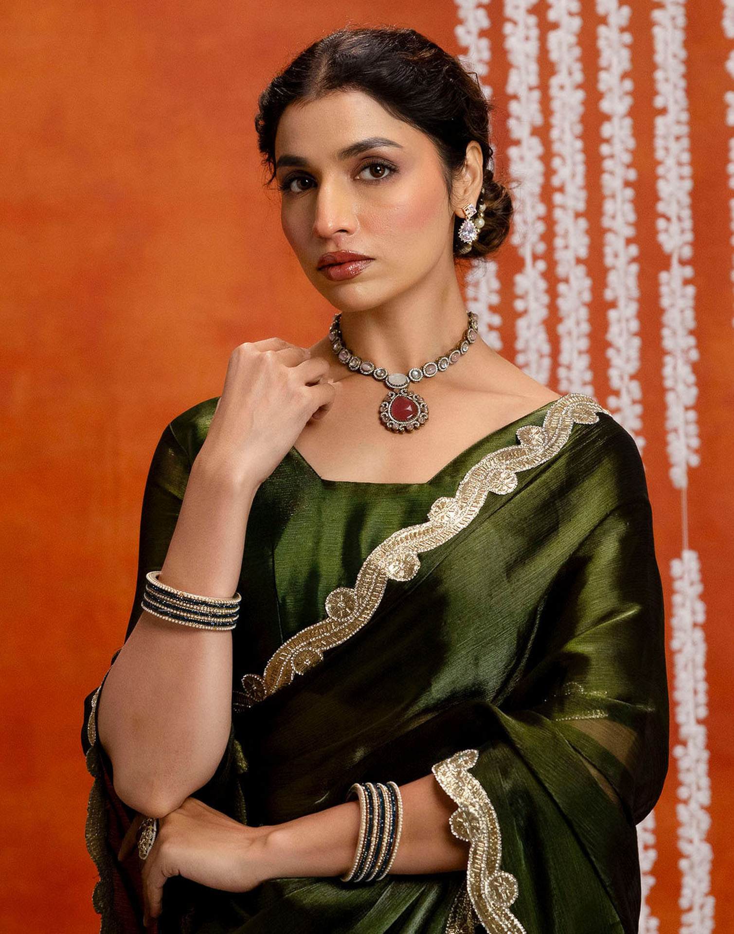 Olive Green Shimmer Lace Saree - Image 4