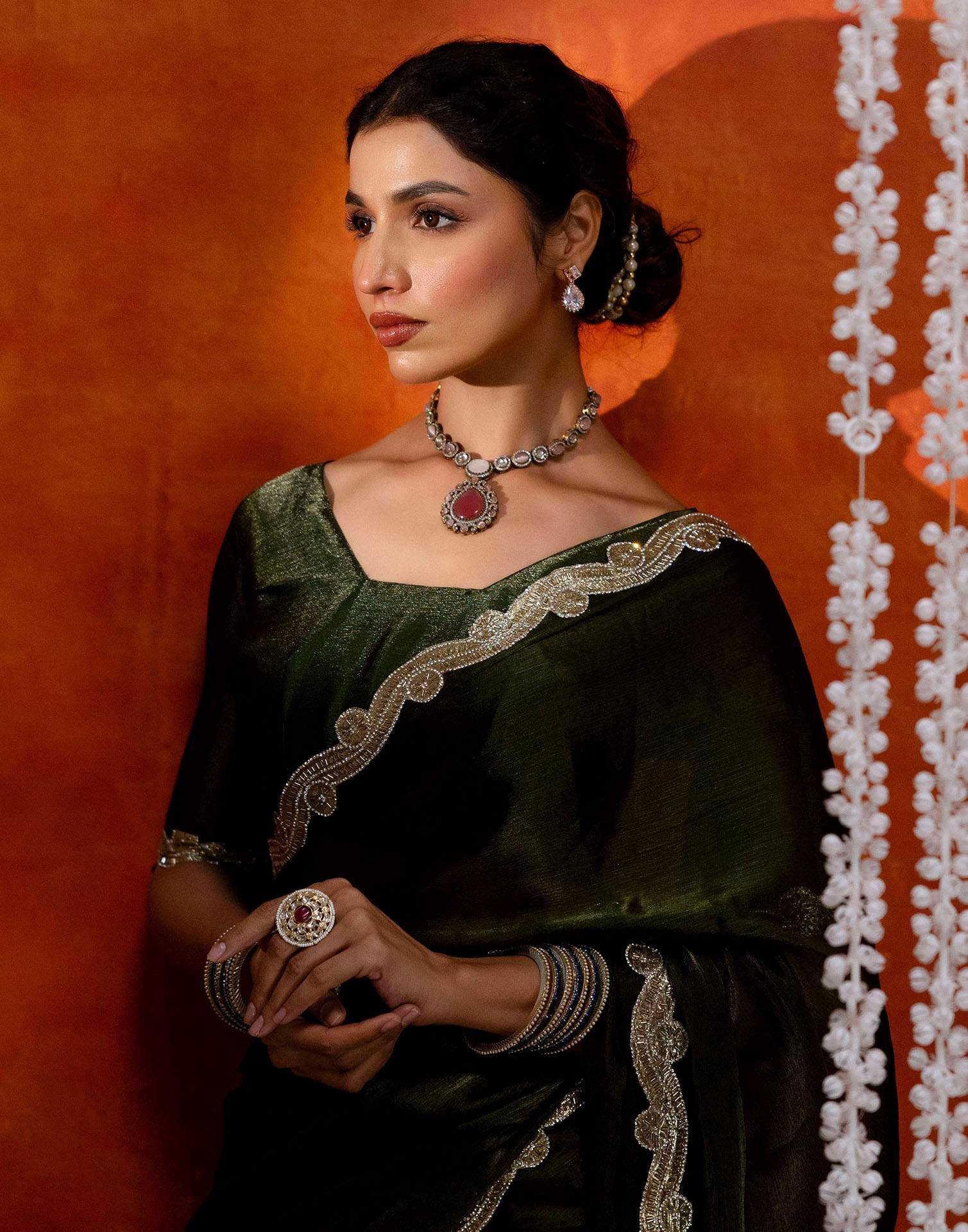 Olive Green Shimmer Lace Saree - Image 5