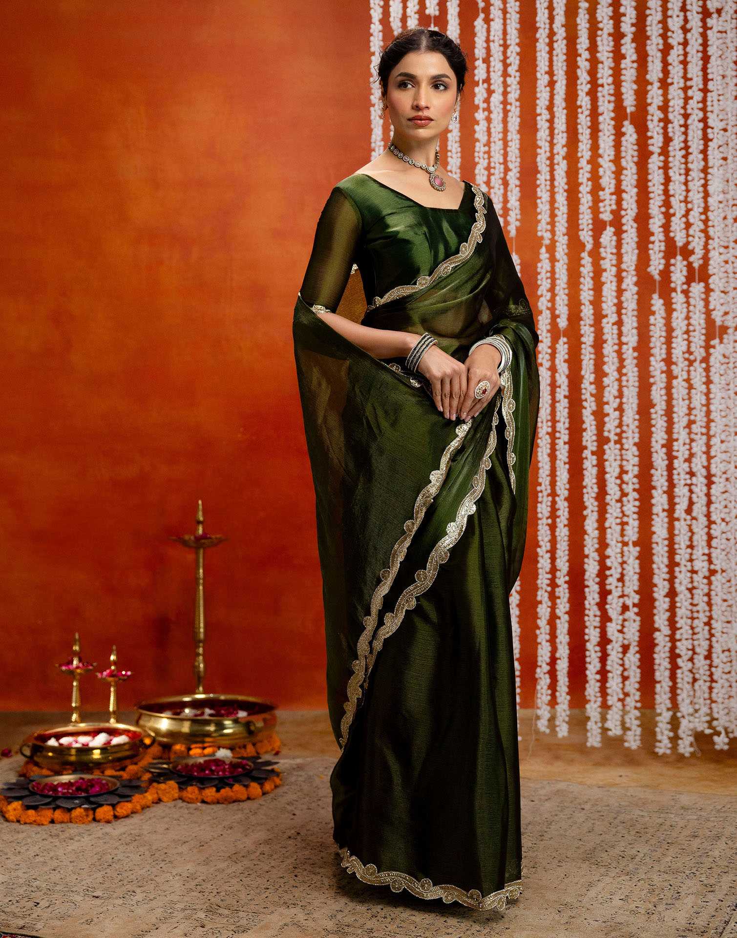 Olive Green Shimmer Lace Saree - Image 7