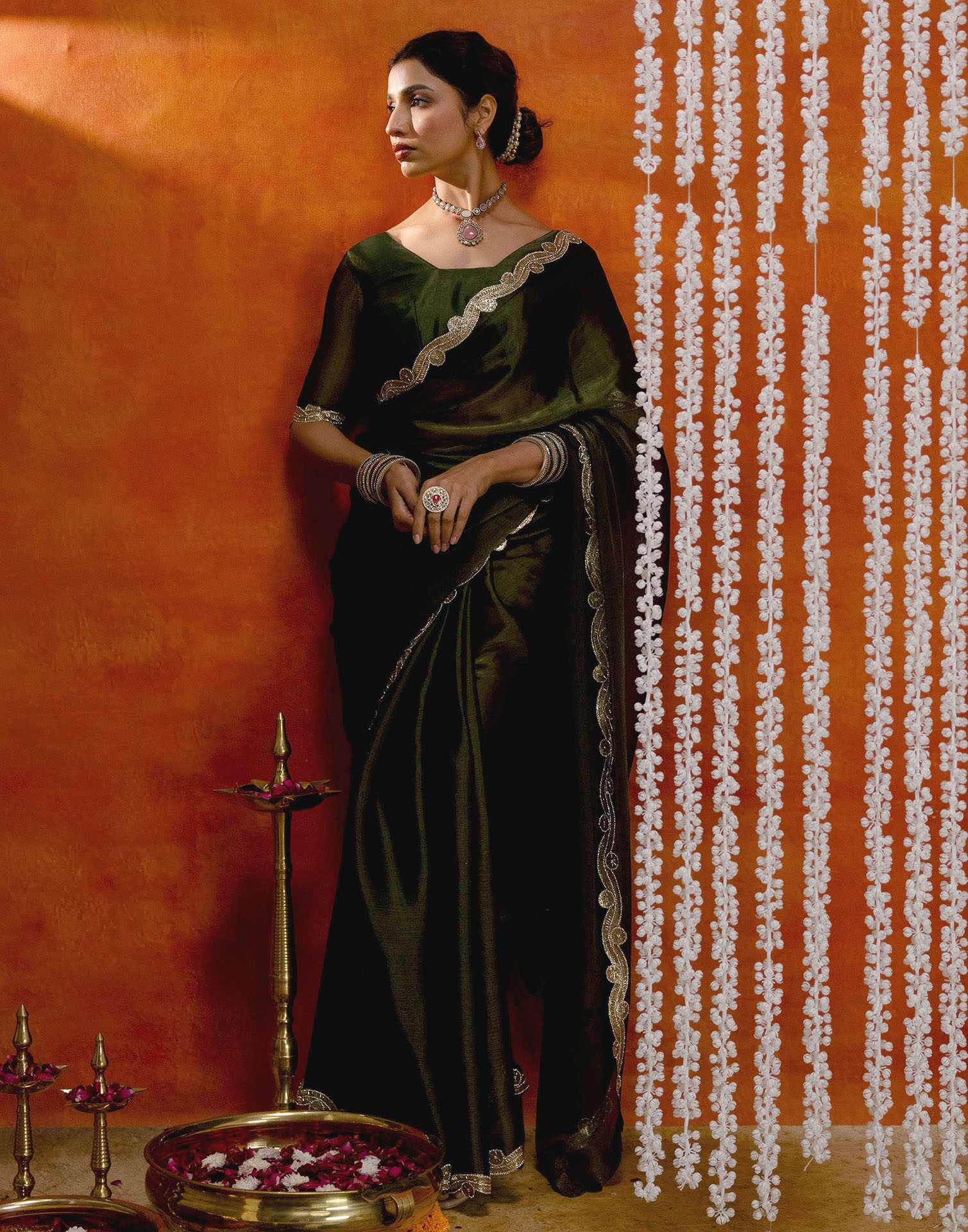 Olive Green Shimmer Lace Saree - Image 9