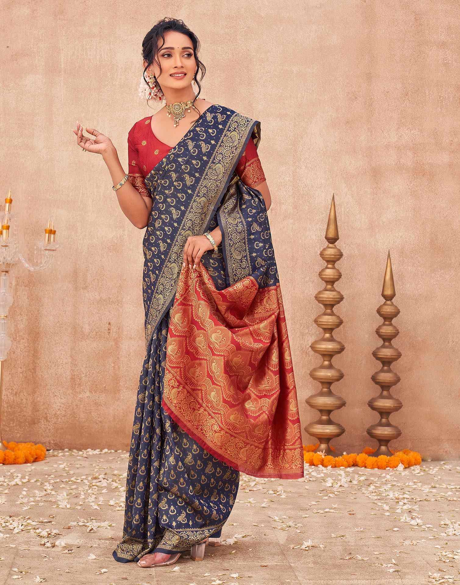 Navy Blue Shimmer Silk Woven Banarasi Saree - Image 5